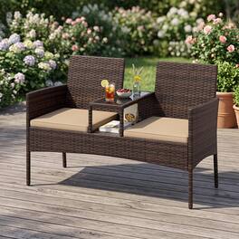 Costway - Patio Loveseat Wicker 2-Seat Conversation Set with Built-in Coffee Table, Cushions - Mixed Brown + Khaki