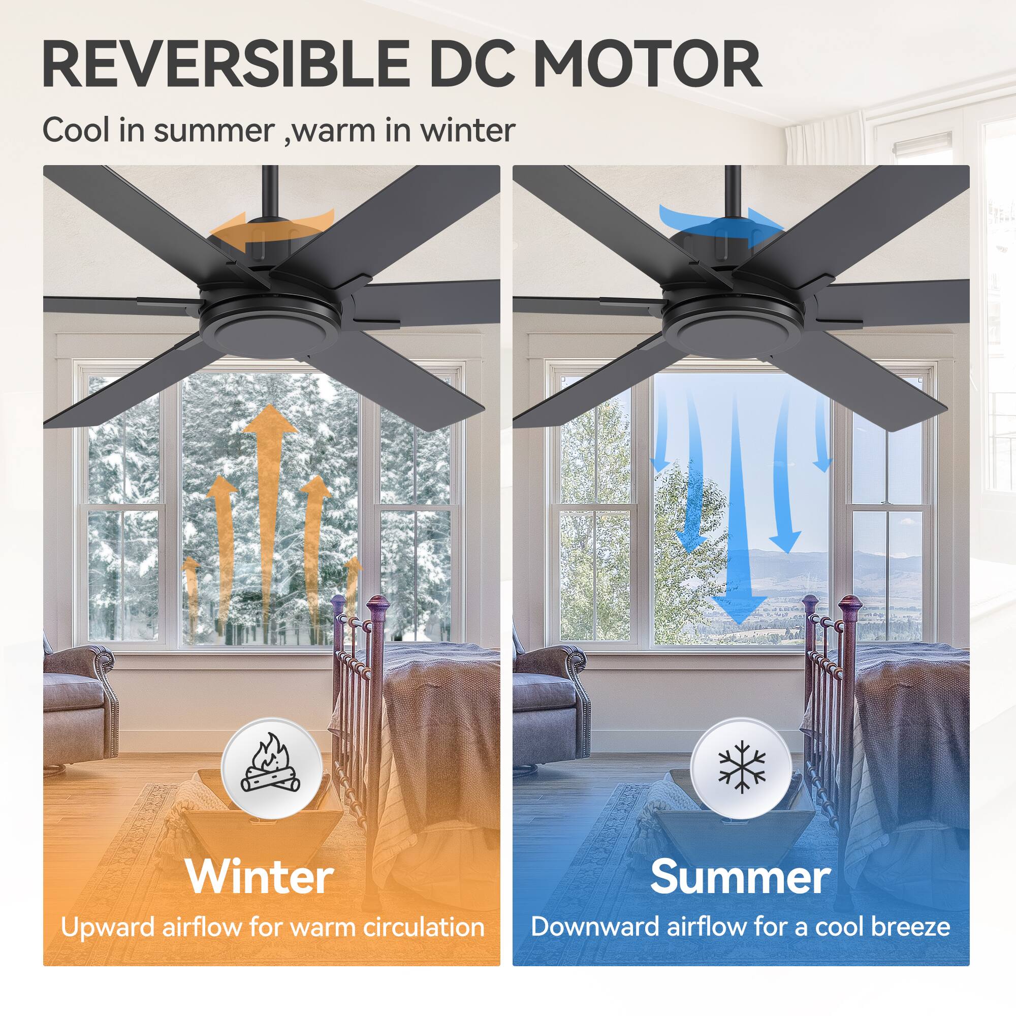 REVERSIBLE DC MOTOR  
Cool in summer, warm in winter  

Winter  
Upward airflow for warm circulation  

Summer  
Downward airflow for a cool breeze