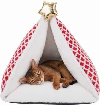 PawsPik - Festive Holiday Tree Plush Novelty Covered Dog & Cat Tent Bed - Red