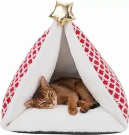 PawsPik - Festive Holiday Tree Plush Novelty Covered Dog & Cat Tent Bed - Red
