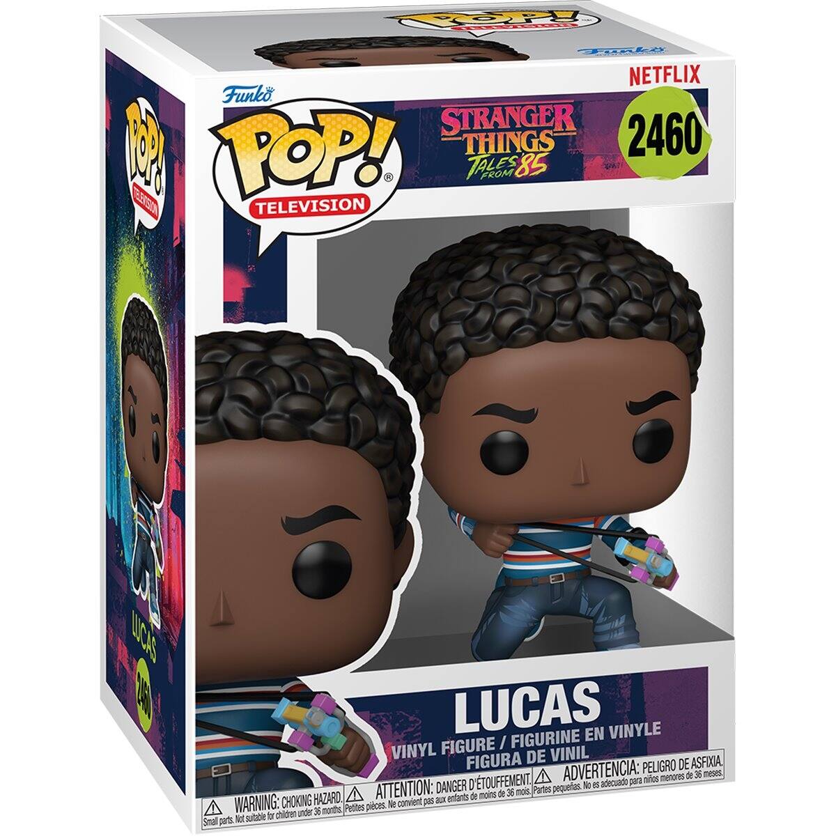 Funko POP! TELEVISION  
NETFLIX  
STRANGER THINGS TALES FROM 85  
2460  

LUCAS  
VINYL FIGURE / FIGURINE EN VINYLE / FIGURA DE VINIL  

ADVERTENCIA: PELIGRO DE ASFIXIA, menores de 36 meses  
ATTENTION: DANGER pequerias. No es de menos de 36 mois  
WARNING: CHOKING HAZARD, small parts. Not suitable for children under 36 months