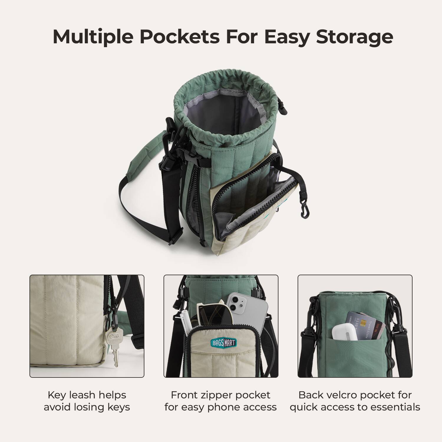 Multiple Pockets For Easy Storage

Key leash helps avoid losing keys

Front zipper pocket for easy phone access

Back velcro pocket for quick access to essentials