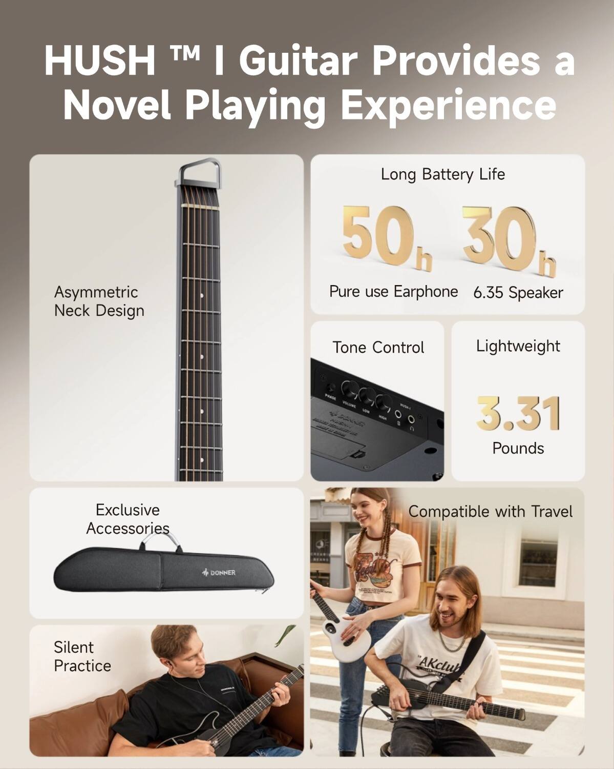 HUSH TM I Guitar Provides a Novel Playing Experience

Asymmetric Neck Design
Long Battery Life 50h 30h
Pure use Earphone 6.35 Speaker
Tone Control
Lightweight - 3.31 Pounds
Exclusive Accessories
Compatible with Travel
Silent Practice "AKclub