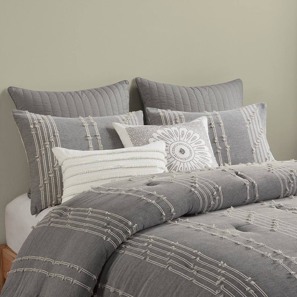 Alt View 1. Gracie Mills - Gracie Mills Trujillo 3-Piece Embroidered Stripes Cotton Jacquard Comforter Set - Gray.