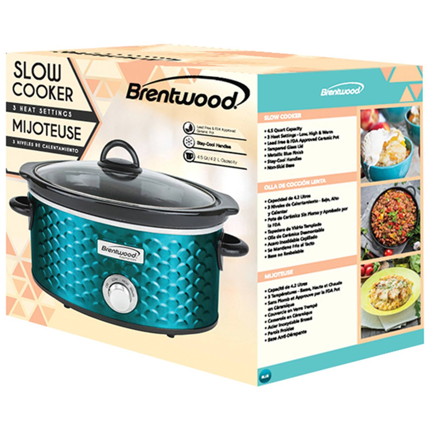 Sure, here is the corrected and grouped text from the image:

---

**SLOW COOKER**

**Brentwood**

**3 HEAT SETTINGS**

**MIJOTEUSE**

**3 NIVELES DE CALIENTAMIENTO**

- 4.5 QT Capacity
- 3 Heat Settings
- Lead-Free & BPA-Free Ceramic Pot
- Stay-Cool Blue Handles
- Non-Slip Base

**OLLA DE COCCIÓN LENTA**

- Capacidad de 4.5 Litros
- 3 Niveles de Calor
- Pote de Cerámica Libre de Plomo y BPA
- Manillas Azules a Prueba de Calor
- Base Antideslizante

**MIJOTEUSE**

- Capacidad de 4.5 Litros
- 3 Niveles de Calor
- Pote de Cerámica Libre de Plomo y BPA
- Manillas Azules a Prueba de Calor
- Base Antideslizante

**FDA Approved**

**Durable & Non-Slip Base**

**Stay-Cool Handles**

**Non-Slip Base**

**450/420 Watts**

**Brentwood**

**