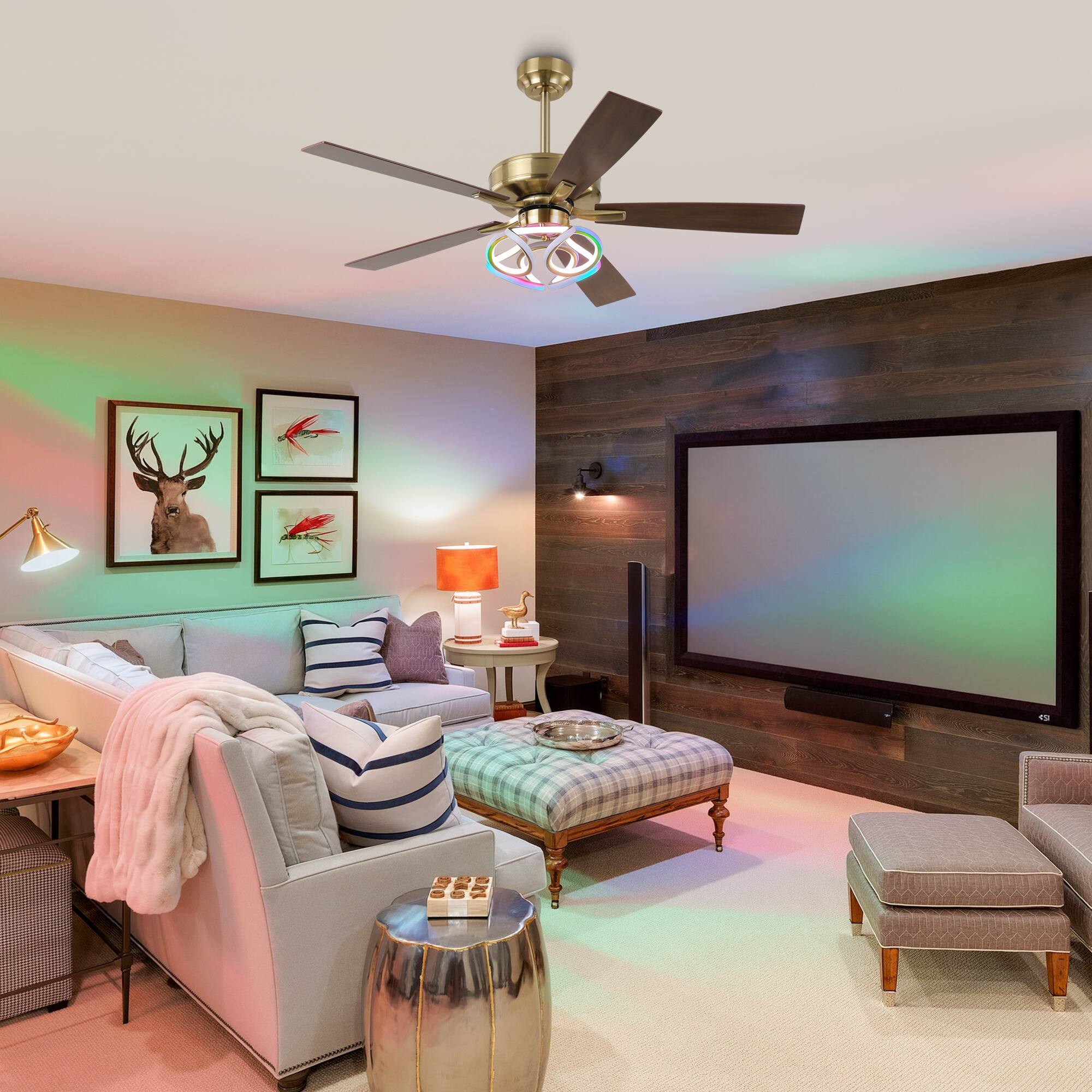 Alt View 1. Parrot Uncle - 52" Modern Smart Dimmable LED Ceiling Fan with Light and Remote, with App Control and LED RGB Color Changing - Gold.