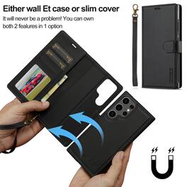 Dteck - For Samsung Galaxy S26 Ultra Premium PU Leather Detachable Folio Card Slots Wallet Phone Case With Wrist Strap - Black