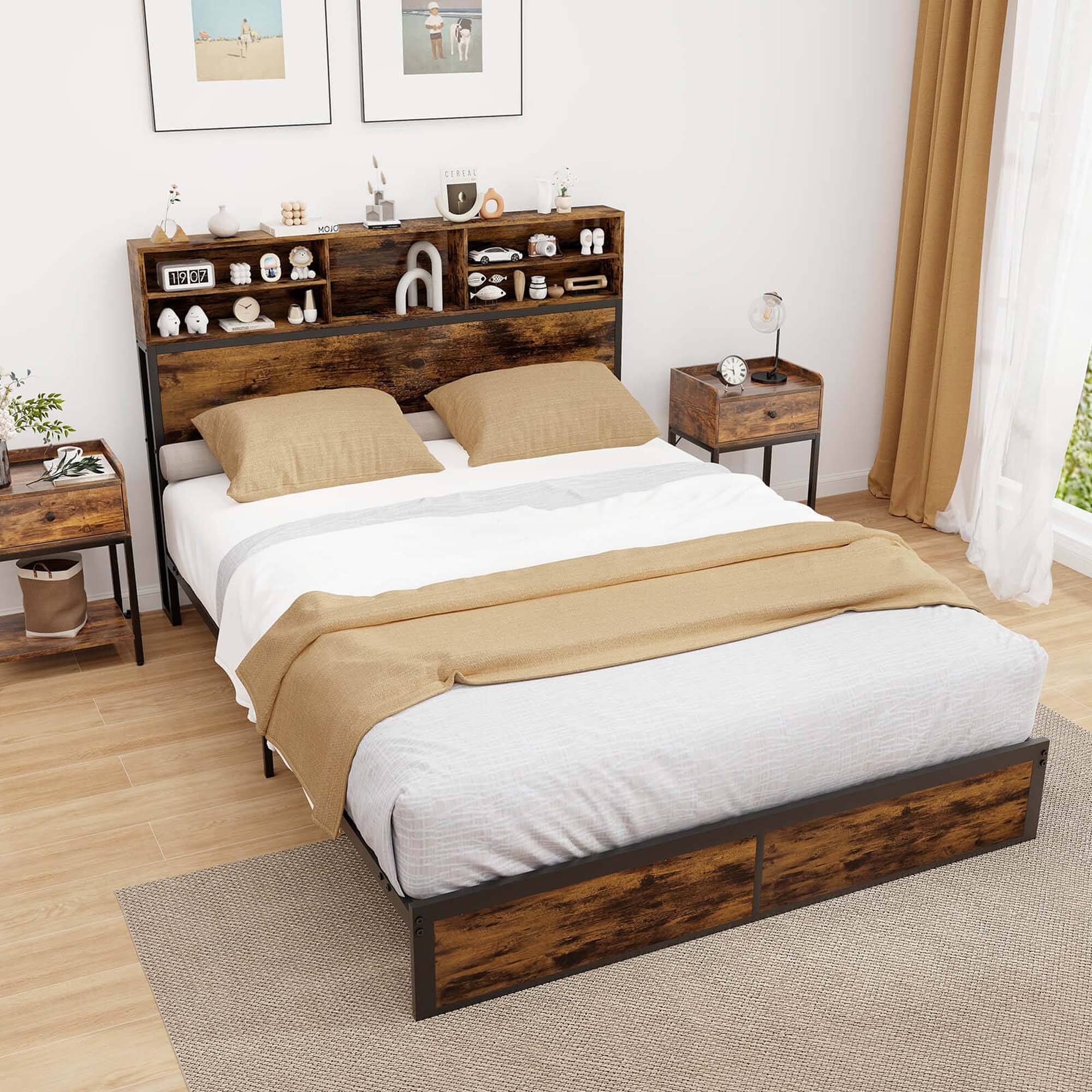 Alt View 1. Costway - Costway Queen Bed Frame with Charging Station Storage Headboard Under-bed Storage Space - Brown.