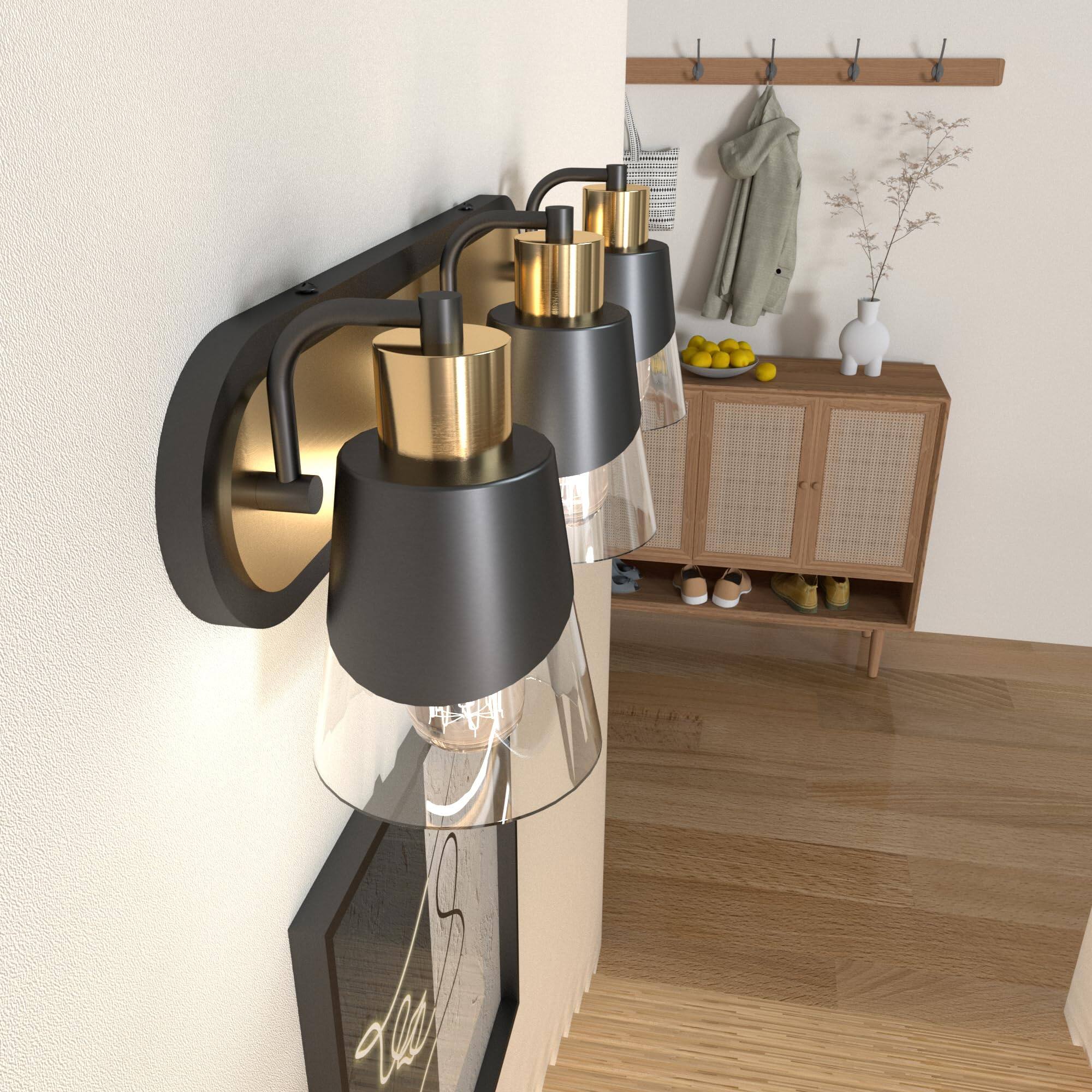 Alt View 3. Cedar Assembly - Bathroom Vanity Light Lights Fixtures Inch Over Mirror And With Bevelled Edge Clear Glass Shade Wall Lamp - Black&Gold - Long Base 2 Lights.