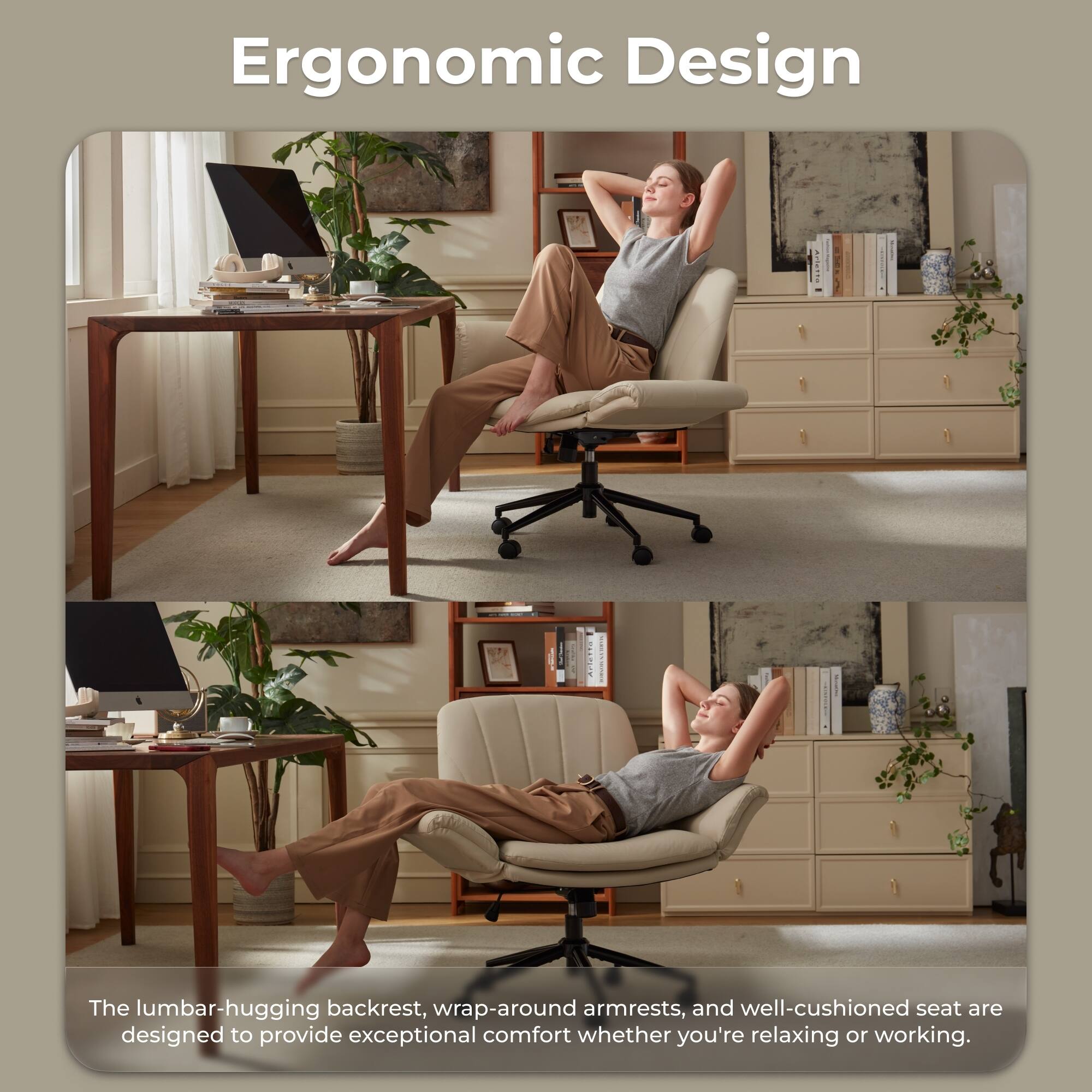 Ergonomic Design

The lumbar-hugging backrest, wrap-around armrests, and well-cushioned seat are designed to provide exceptional comfort whether you're relaxing or working.