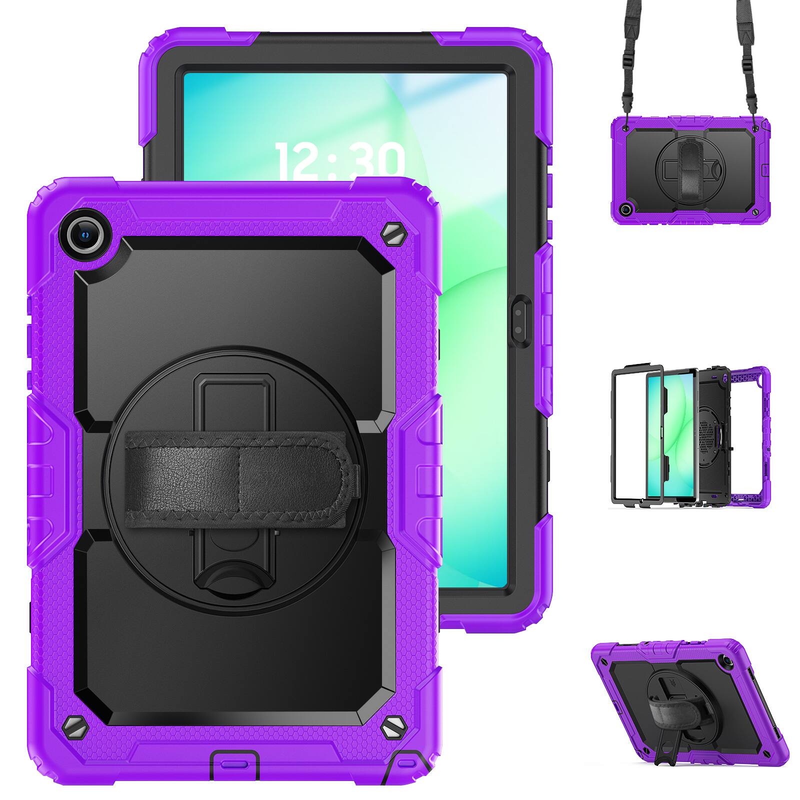 Angle. Dteck - For Samsung Galaxy Tab A11+ 2025/A9+ 2023 Shockproof Three-Layer Stand Shoulder Strap Case Built-in Screen Protector - Purple.