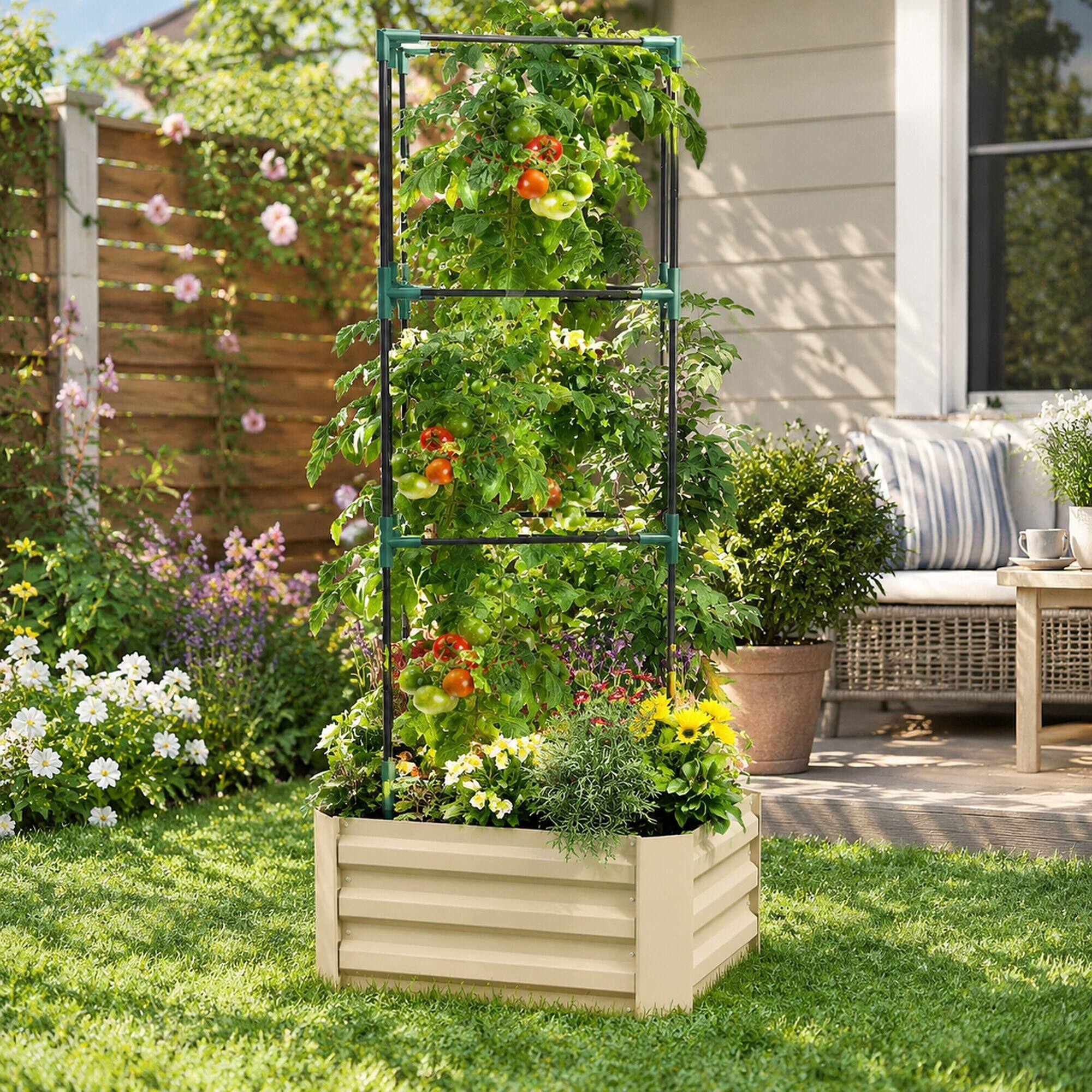 Alt View 2. RYHNUYNE - Galvanized Raised Garden Bed 24" x 24" with Trellis Tomato Cage, Open Bottom Metal Planter Box for Climbing - White.