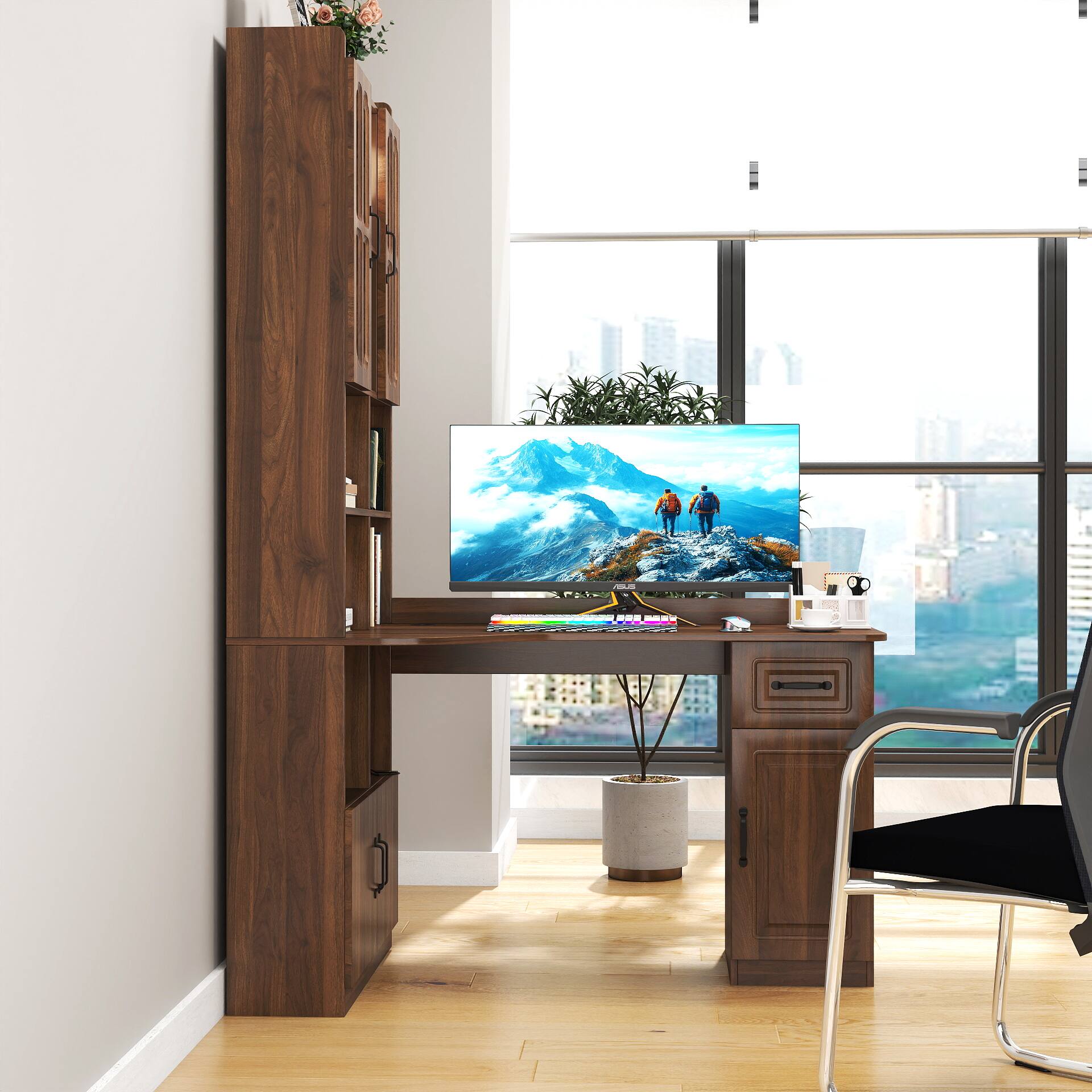 Back. Tiramisubest - L-Shaped Corner Computer Desk,Study Modern Style Table with Drawers,Bookshelf & Hutch,2-in-1 L-Shaped Design - Walnut.