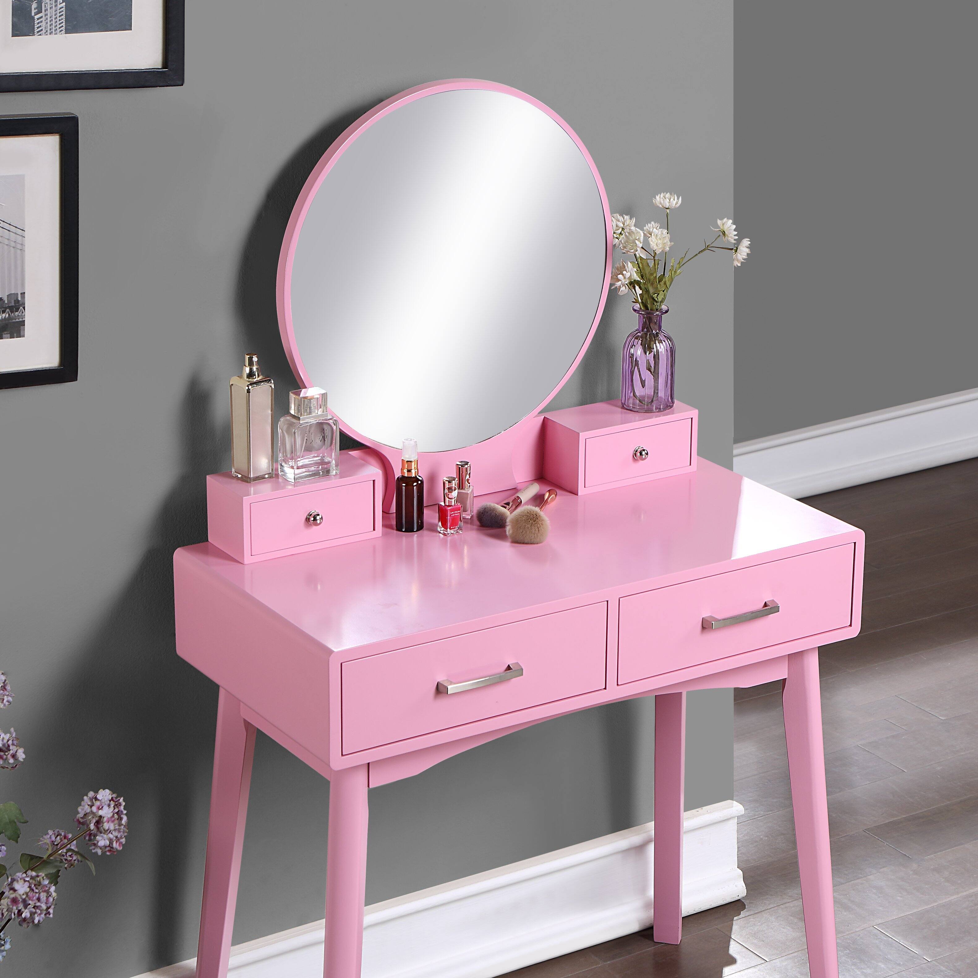 Left. APRILSOUL - Liannon Contemporary Wood Vanity and Stool Set Pink - Pink.