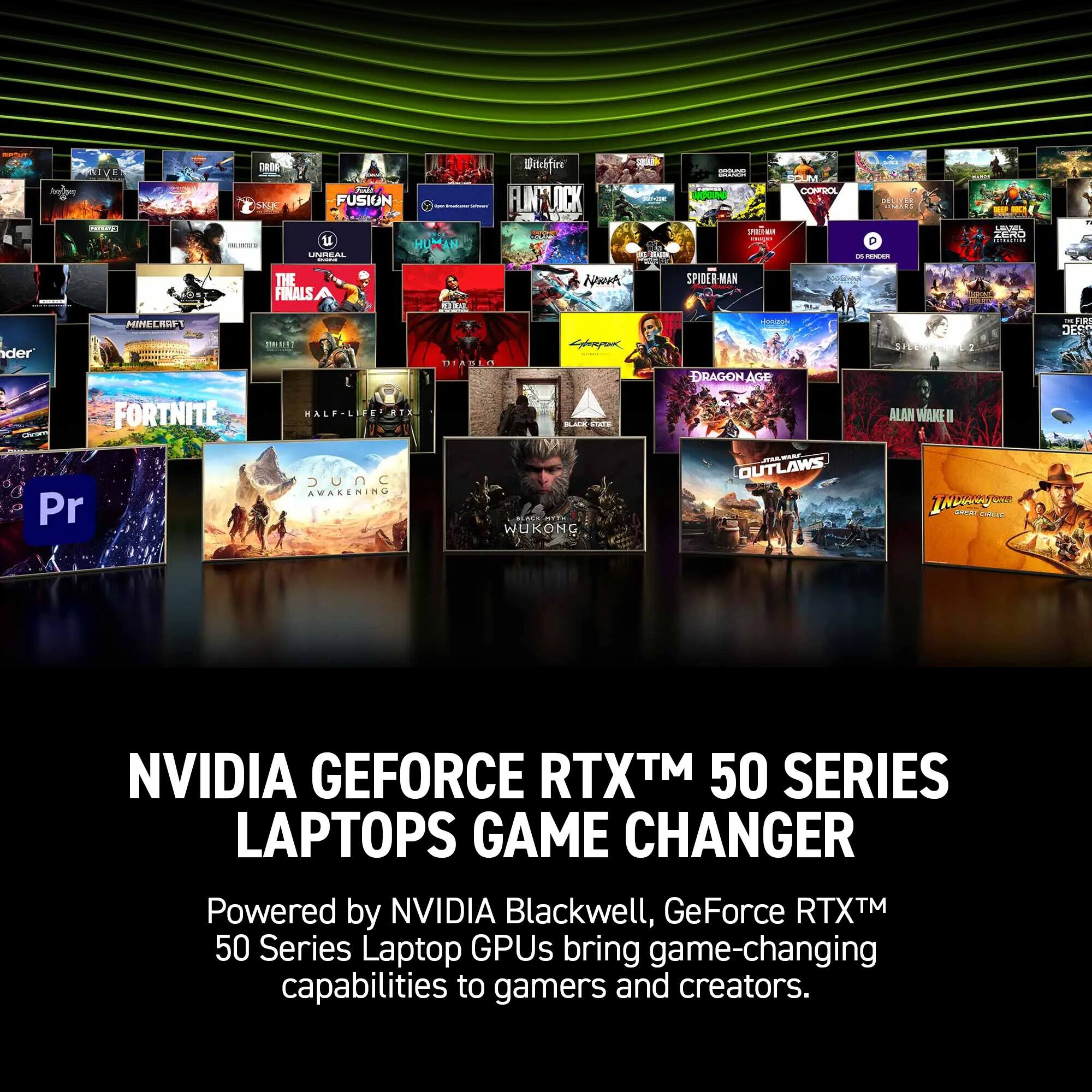 NVIDIA GEFORCE RTX™ 50 SERIES LAPTOPS GAME CHANGER

Powered by NVIDIA Blackwell, GeForce RTX™ 50 Series Laptop GPUs bring game-changing capabilities to gamers and creators.