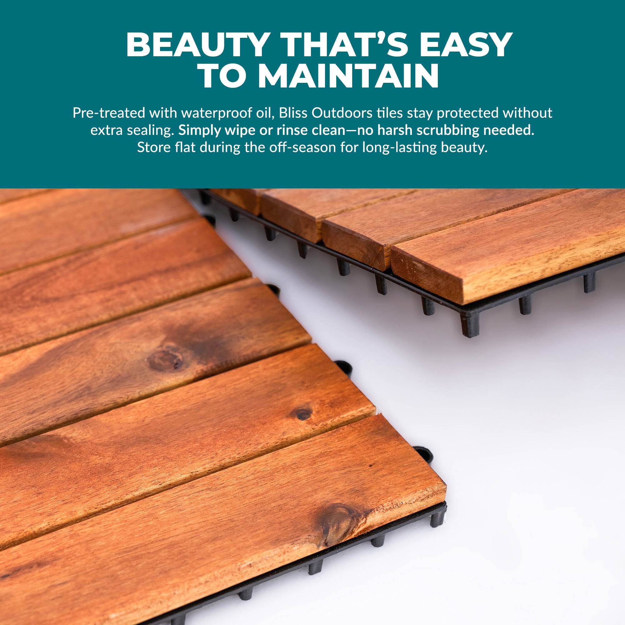 BEAUTY THAT'S EASY TO MAINTAIN

Pre-treated with waterproof oil, Bliss Outdoors tiles stay protected without extra sealing. Simply wipe or rinse clean—no harsh scrubbing needed. Store flat during the off-season for long-lasting beauty.