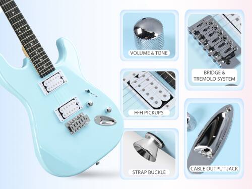 VOLUME & TONE  
BRIDGE & TREMOLO SYSTEM  
H-H PICKUPS  
STRAP BUCKLE  
CABLE OUTPUT JACK
