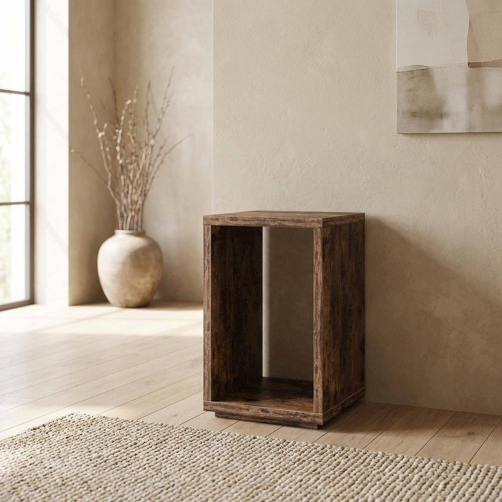 Back. FurniFact - Barnwood Finish End Table with Shelving for Living Room or Bedroom - Brown.