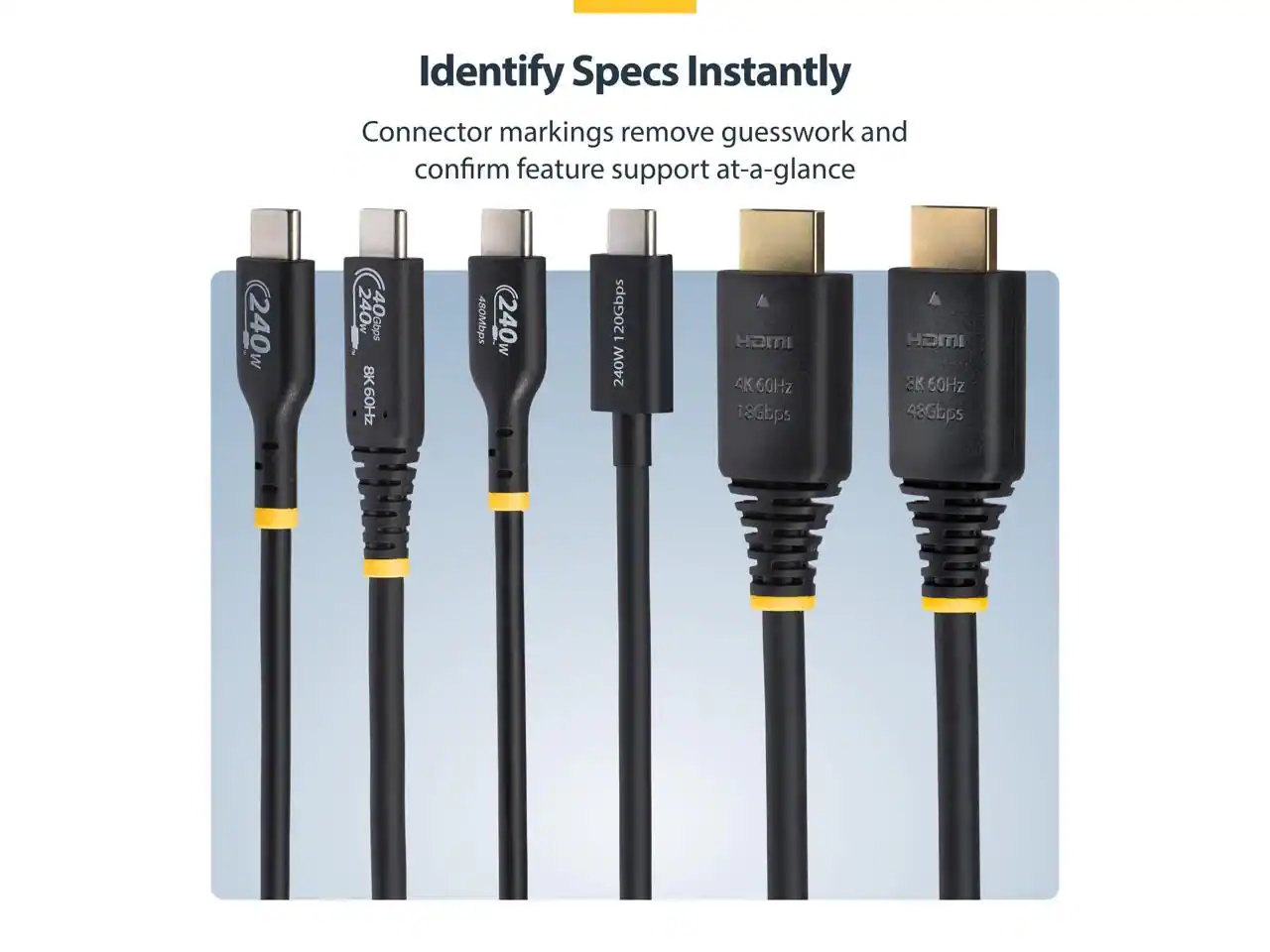 Identify Specs Instantly  
Connector markings remove guesswork and confirm feature support at-a-glance  

240W  
240W  
40Gbps  
8K60Hz  
480Mbps  
240W  
120Gbps  
240W  
HDMI  
4K 60Hz  
18Gbps  
HDMI  
8K 60Hz  
48Gbps