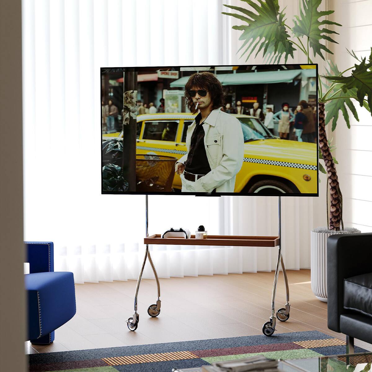 Alt View 5. Ecooso - Floor TV Stand Cart with Wheels, Adjustable Movable Display Stand for Living Room, Bedroom, or Office - Black Brown.