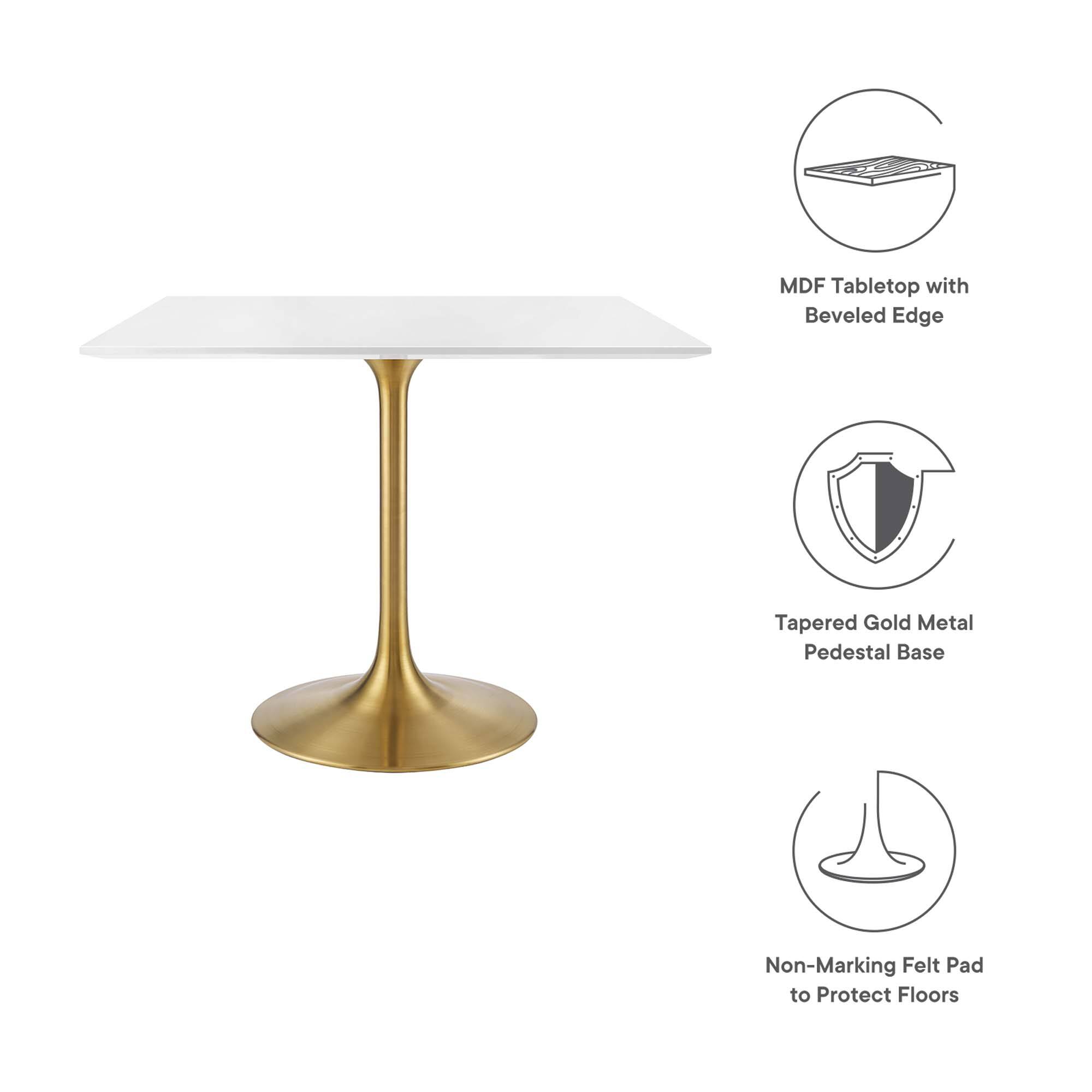 - MDF Tabletop with Beveled Edge
- Tapered Gold Metal Pedestal Base
- Non-Marking Felt Pad to Protect Floors