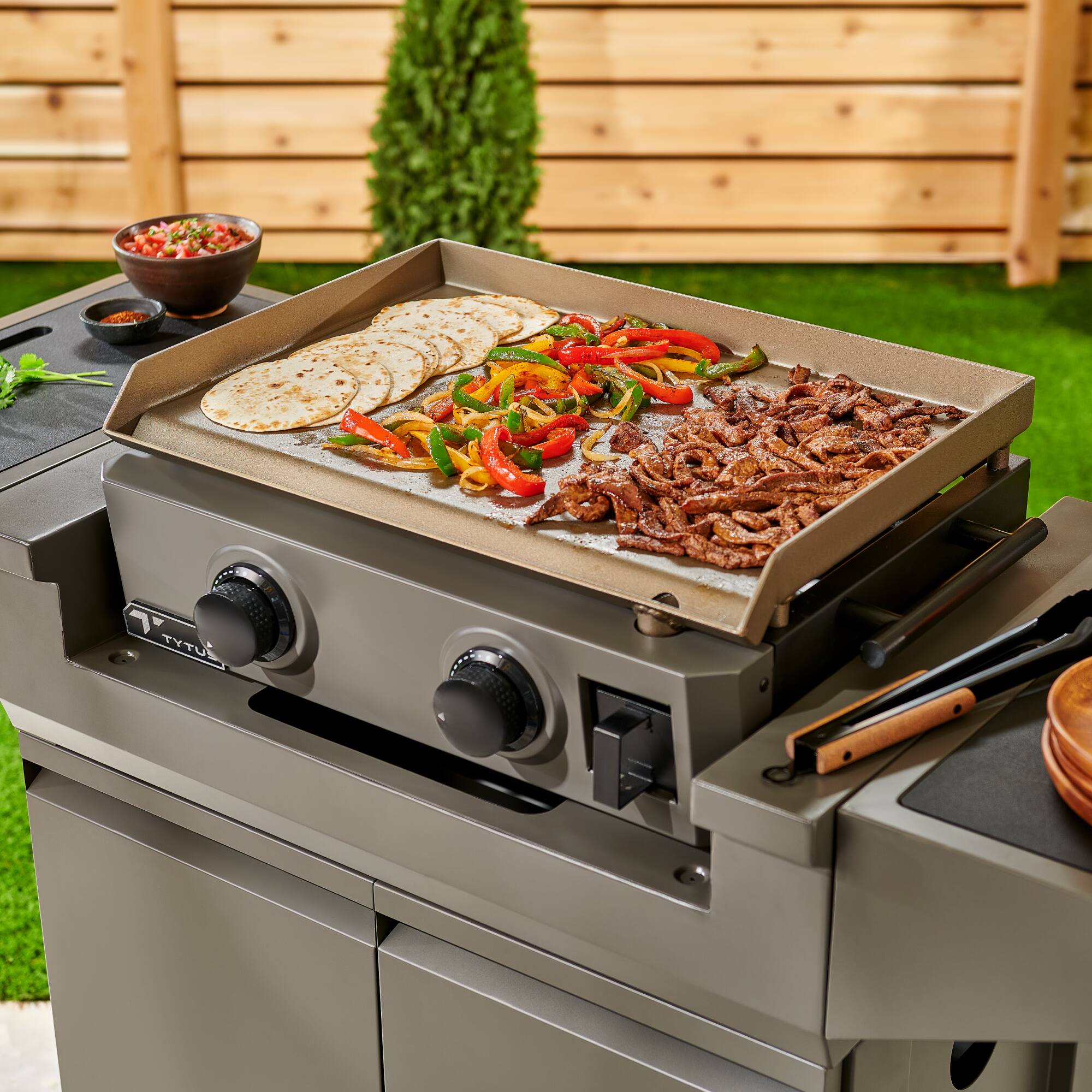 Alt View 4. TYTUS Grills - TYTUS Emberwood Gas Tabletop Griddle with Grill and Prep Cart - Gunmetal Gray.