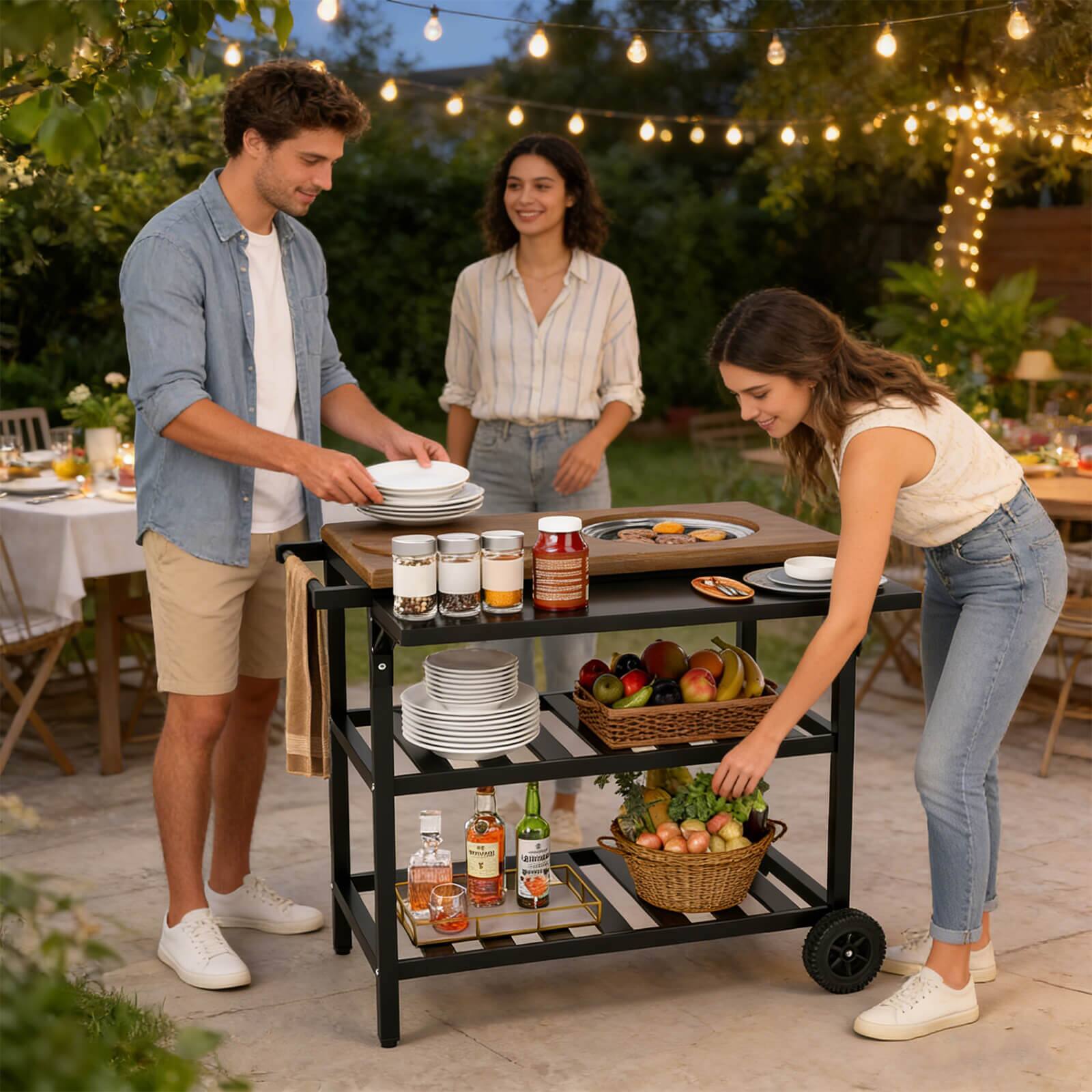 Alt View 3. Costway - Costway Outdoor Dining Cart with Korean BBQ Grill Folding Side Panel 2 Shelves for Camping - Natural + Silver + Black.