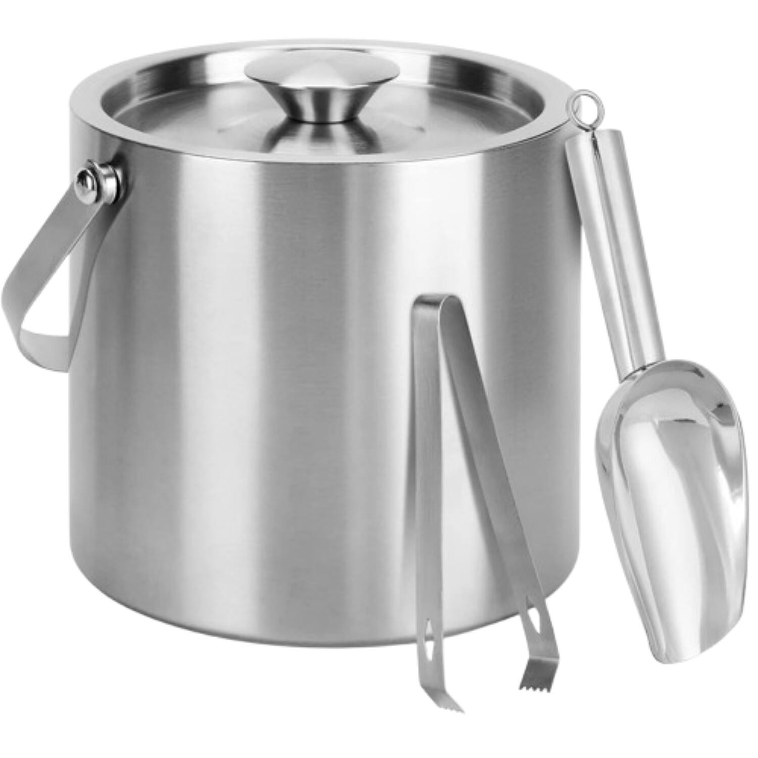 Front. Home Collection - Portable Stainless Steel Double Wall Insulated Ice Bucket with Lid, Scoop, Tong, Strainer, Handle, 3L - Silver.