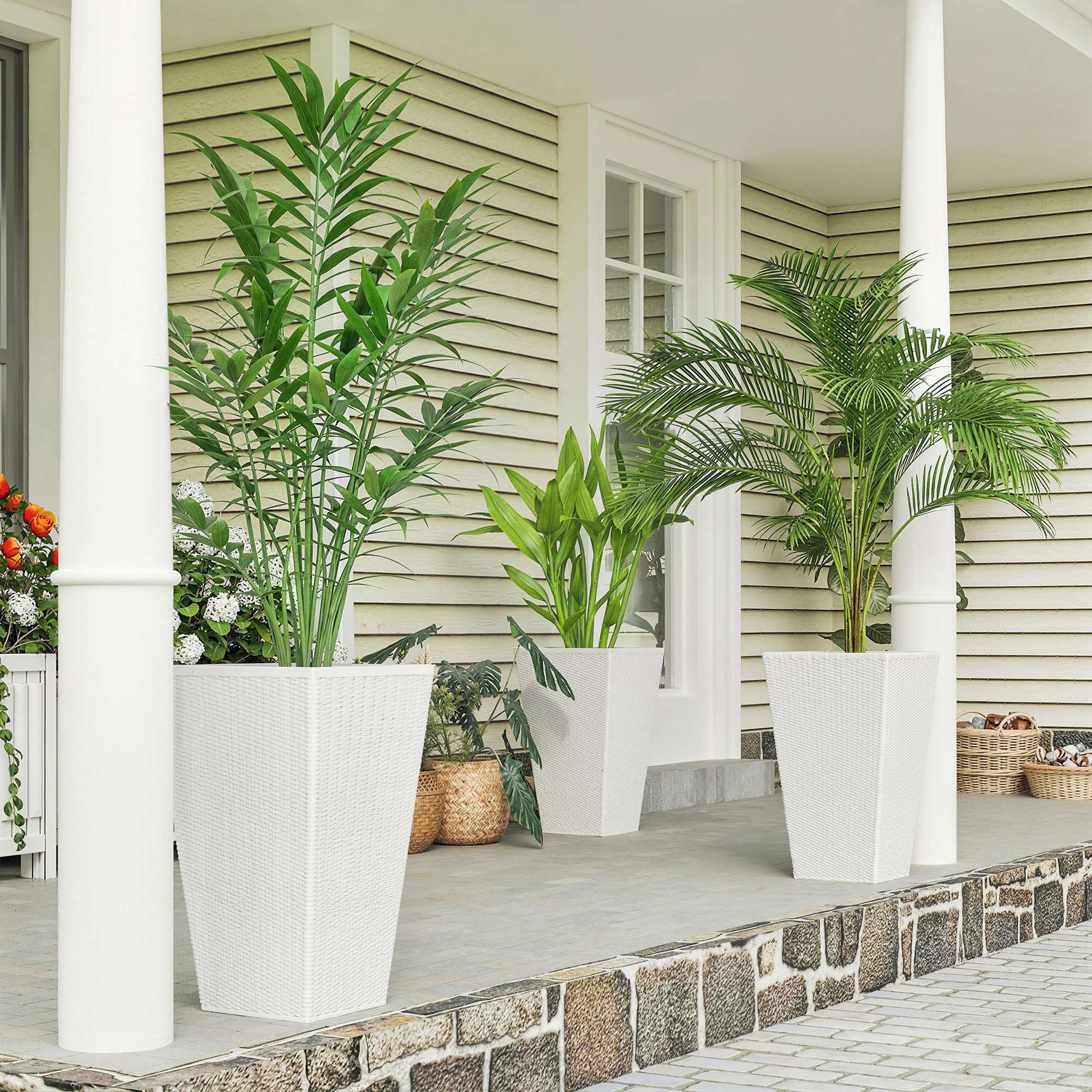 Alt View 1. Outsunny - Planters for Outdoor Plants Set of 3, 24 In Taper Planters with Drainage Holes - White.