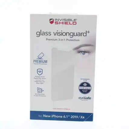 INVISIBLE SHIELD glass visionguard+ Premium 3-in-1 Protection
PREMIUM Impact Protection
Protects From Digital Eye Strain
Filters Harmful Blue Light
RECOMMENDED BY THE Anti-Bacterial Screen Protection VISION HEALTH ADVISORY BOARD eyesafe
CASE FRIENDLY COVERAGE
for: New iPhone 6.1" 2019/XR