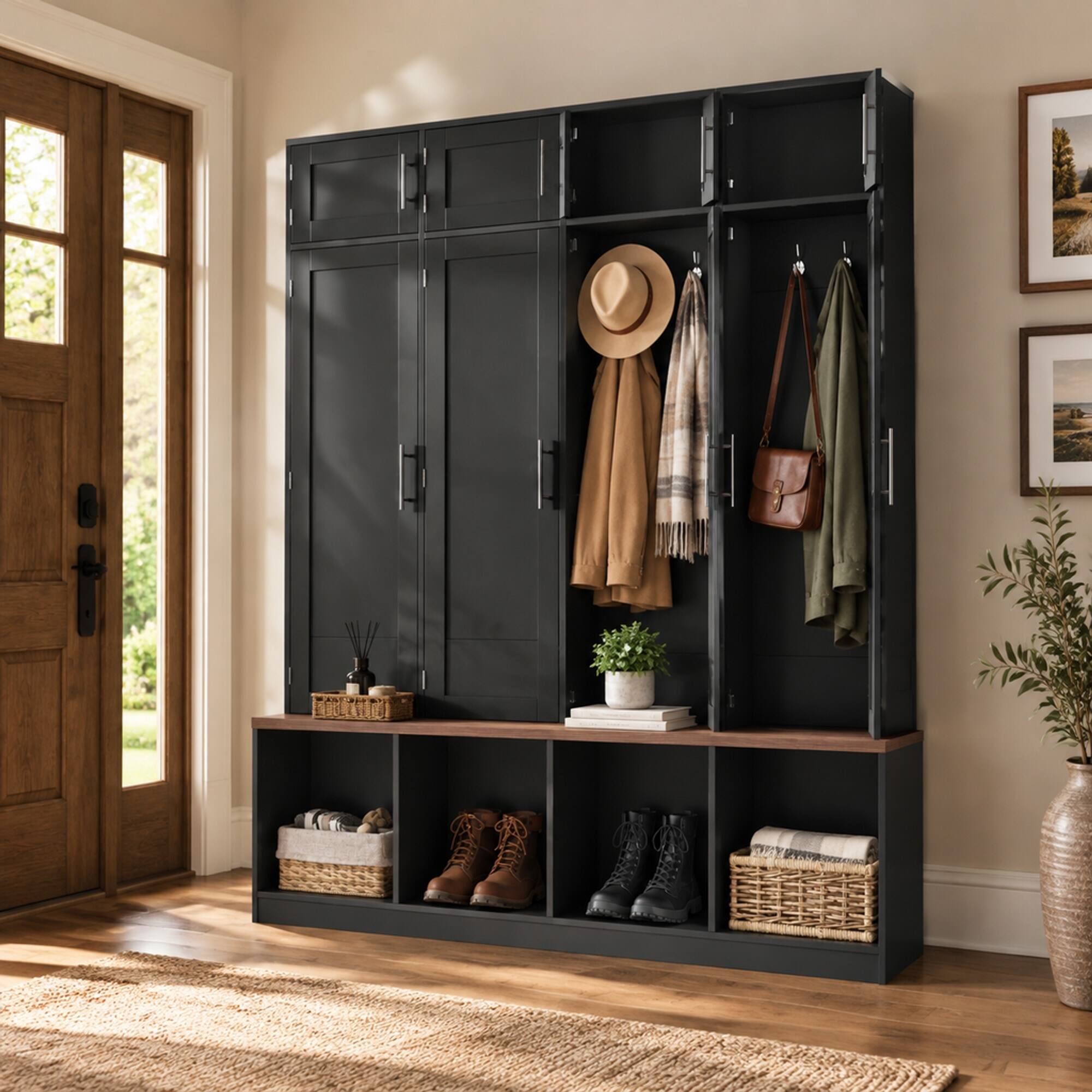 Back. RYHNUYNE - Farmhouse Hall Tree, Walnut Seating Bench, 8 Doors, 4 Hooks, Entryway Shoe Cabinet, Black - Black.