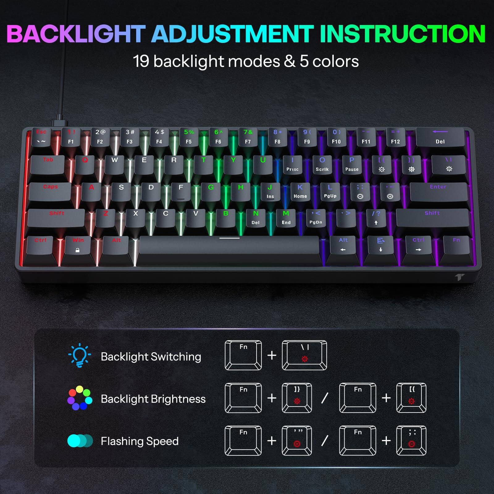 **BACKLIGHT ADJUSTMENT INSTRUCTION**

19 backlight modes & 5 colors

- Backlight Switching: Fn + 1
- Backlight Brightness: Fn + 2 / Fn + 3
- Flashing Speed: Fn + 4 / Fn + 5

**Key Layout:**

- Esc
- F1 F2 F3 F4 F5 F6 F7 F8 F9 F10 F11 F12 Del
- Tab Q W E R T Y U I O P
- Caps A S D F G H J K L ; '
- Shift Z X C V B N M , . /
- Shift
- Ctrl Win Alt Fn