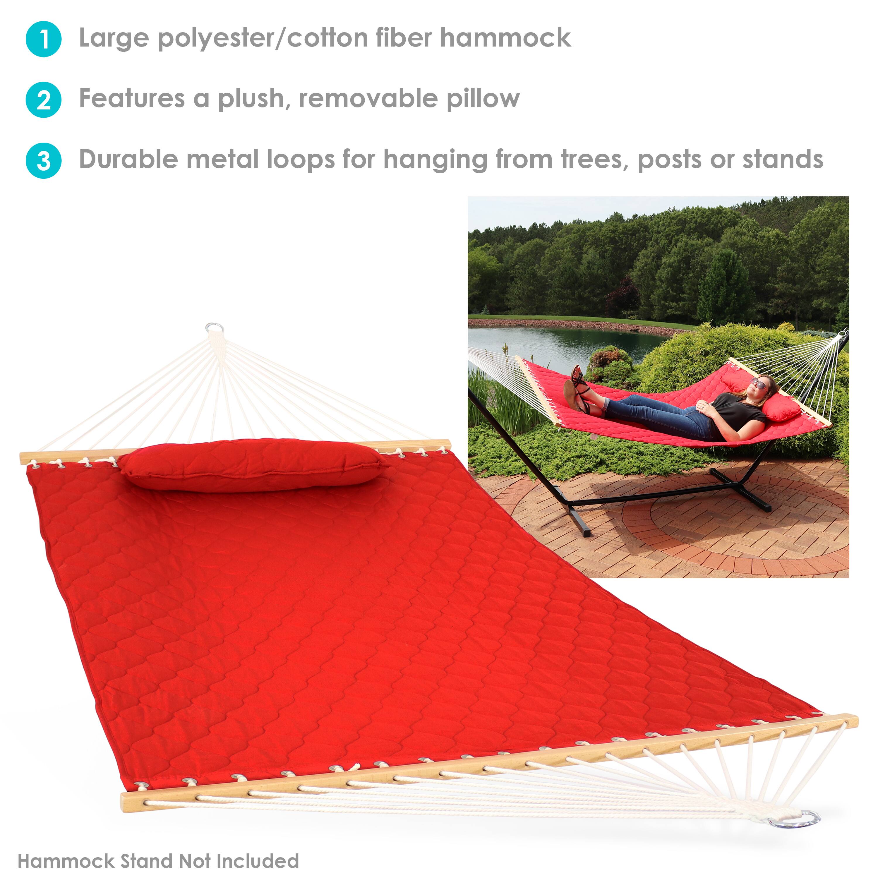 1. Large polyester/cotton fiber hammock
2. Features a plush, removable pillow
3. Durable metal loops for hanging from trees, posts or stands

Hammock Stand Not Included
