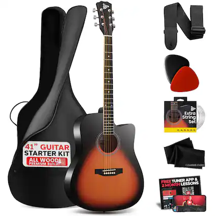 NO P Extra String Set E, A, D, G, B, E, 41" GUITAR STARTER KIT ALL WOOD PREMIUM BUILD. SRORTH CLEANING CLOTH. A TUNER APP & FREE LESSONS 2 MONTH P A