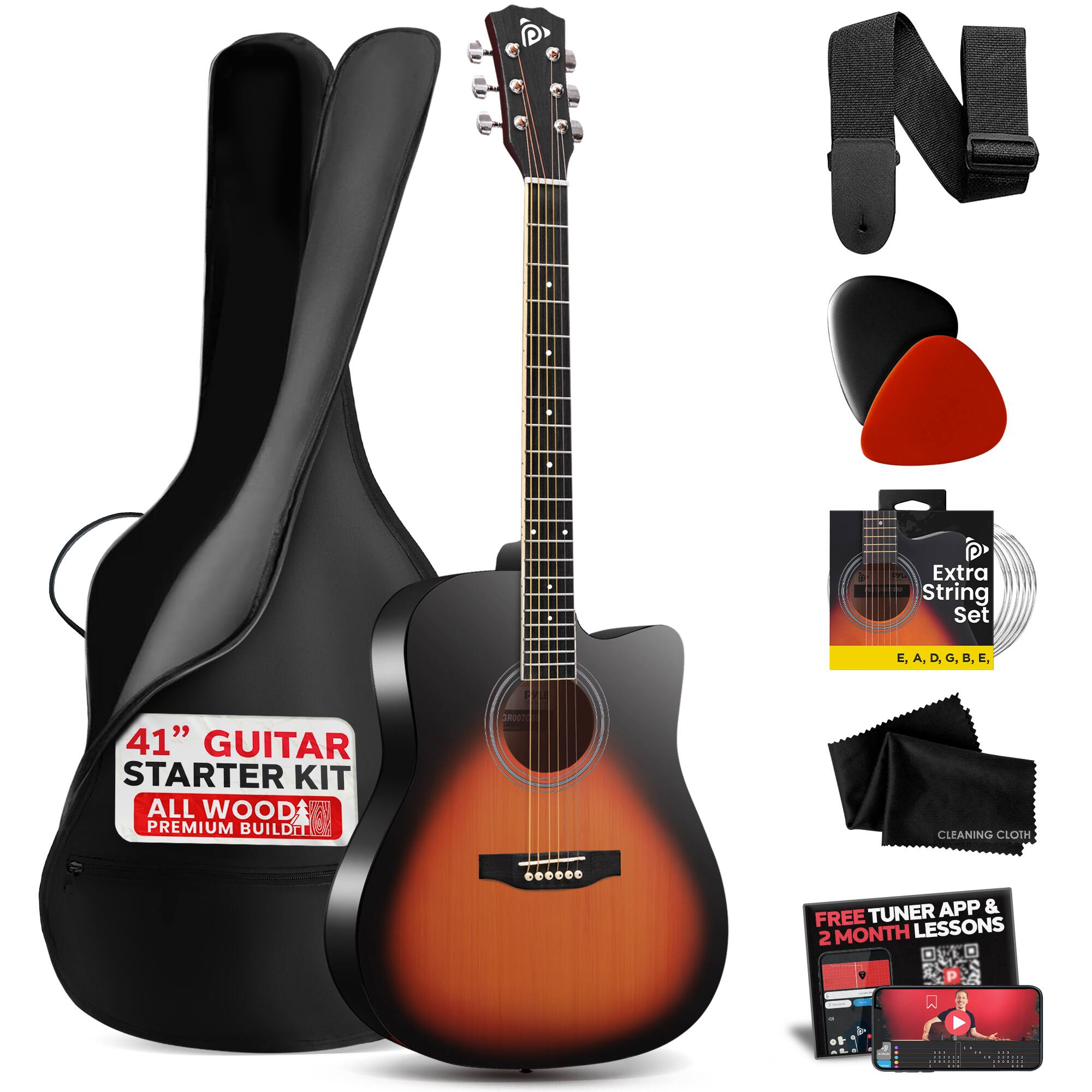 NO P Extra String Set E, A, D, G, B, E, 41" GUITAR STARTER KIT ALL WOOD PREMIUM BUILD. SRORTH CLEANING CLOTH. A TUNER APP & FREE LESSONS 2 MONTH P A