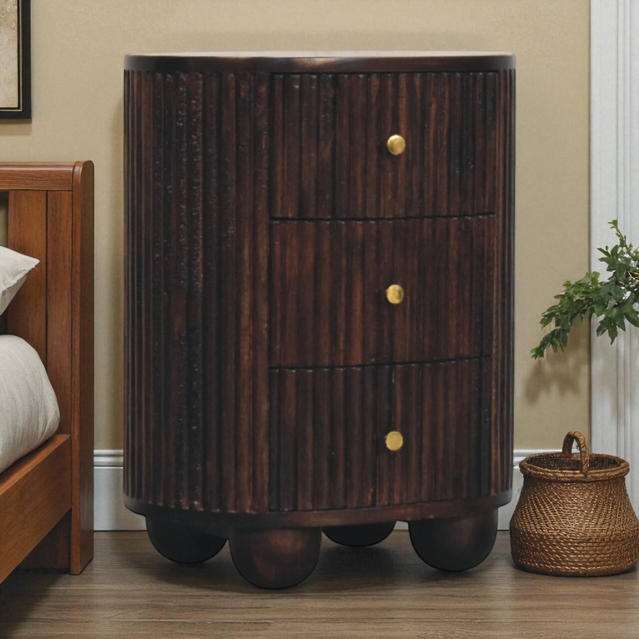 Alt View 2. Artisan Furniture - Artisan Furniture Solid Wood Curved Fluted 3-Drawer Bedside - Brown.