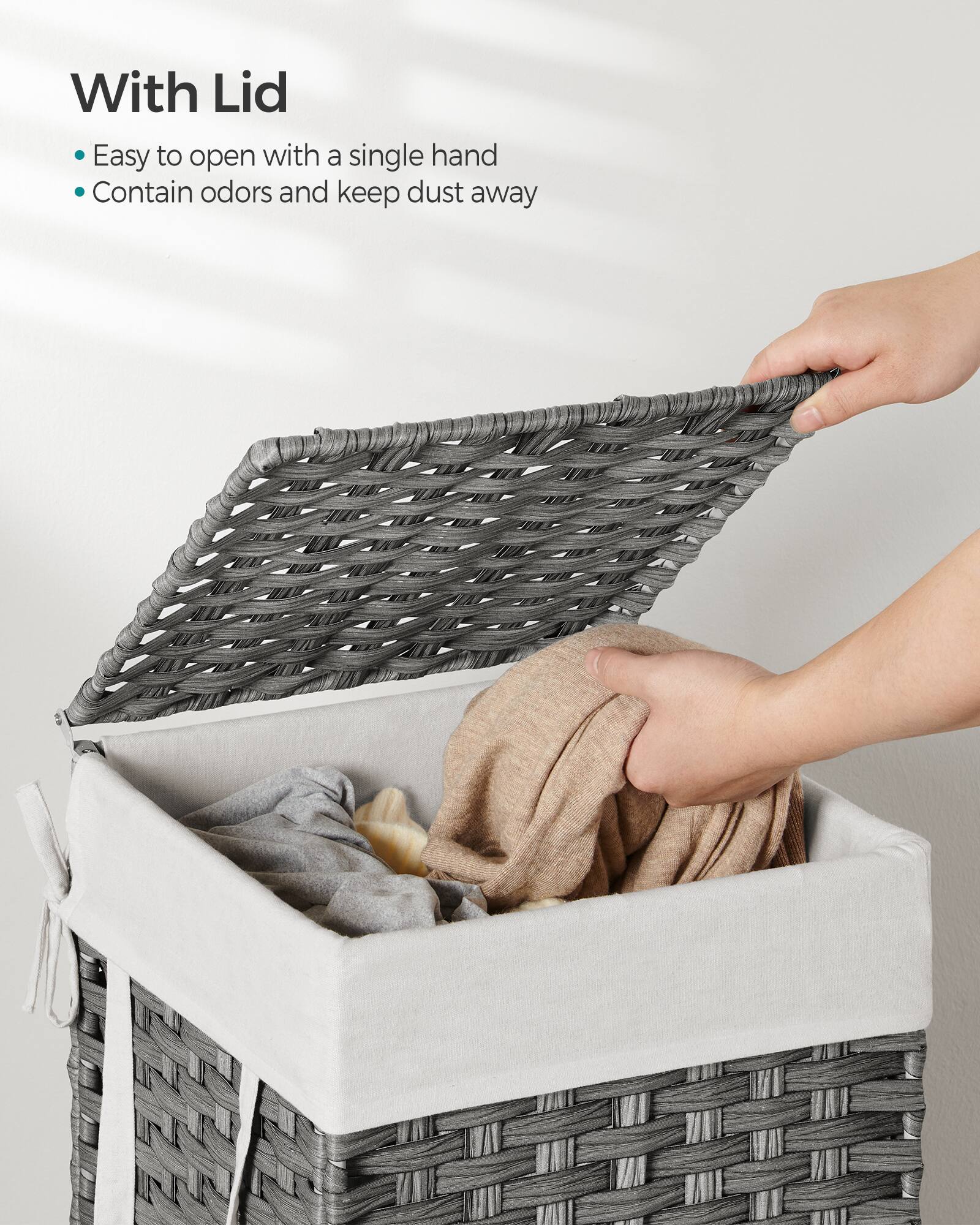 With Lid

- Easy to open with a single hand
- Contain odors and keep dust away