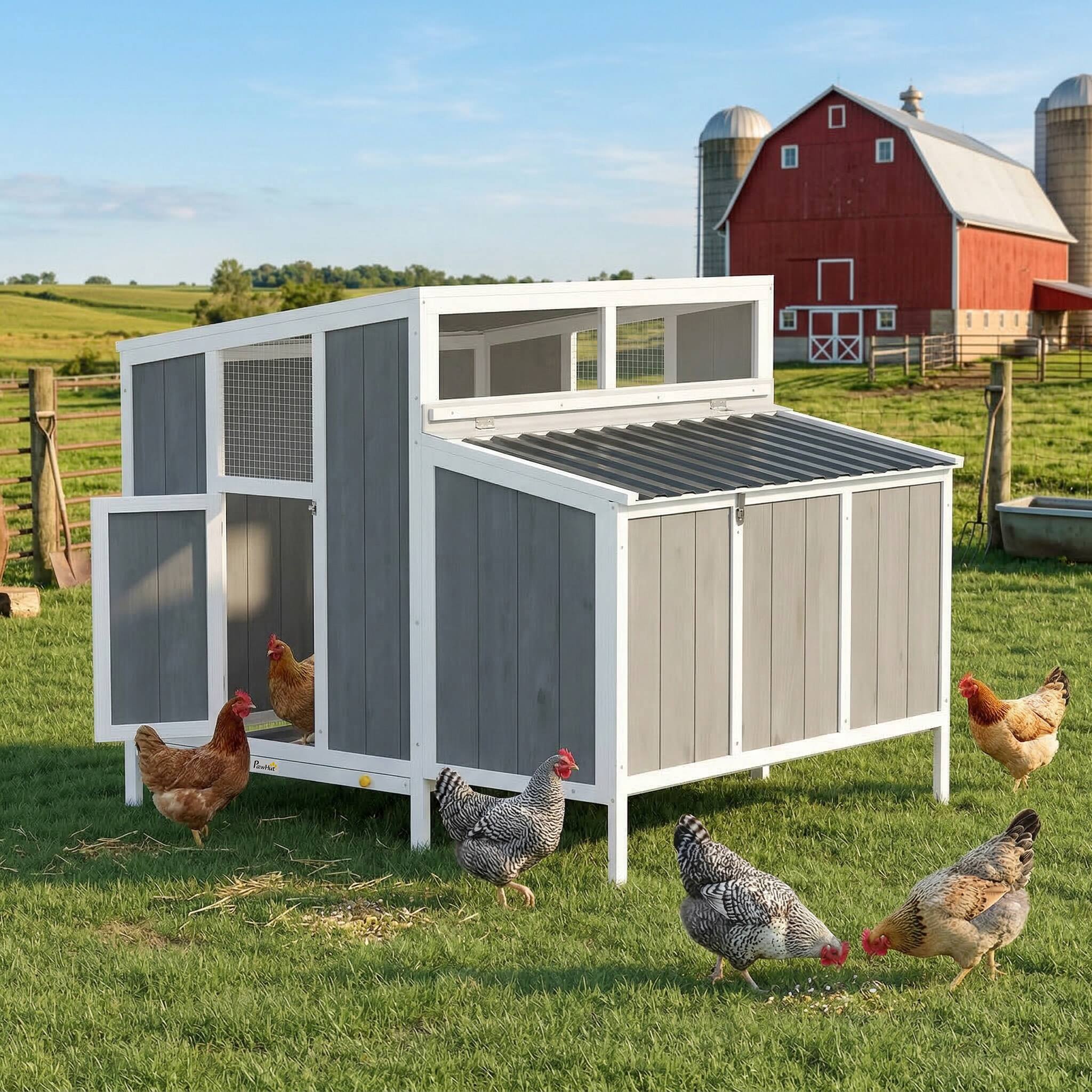 Alt View 1. Pawhut - Coop, Wooden Chicken House for 4-6 Hens, Outdoor Hen House with Nesting Box - Gray.