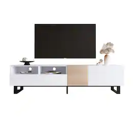 Spaco - Modern TV Stand for 80" TV, Media Console with Double Storage and Drop Down Door for Living Room Bedroom Theater - White