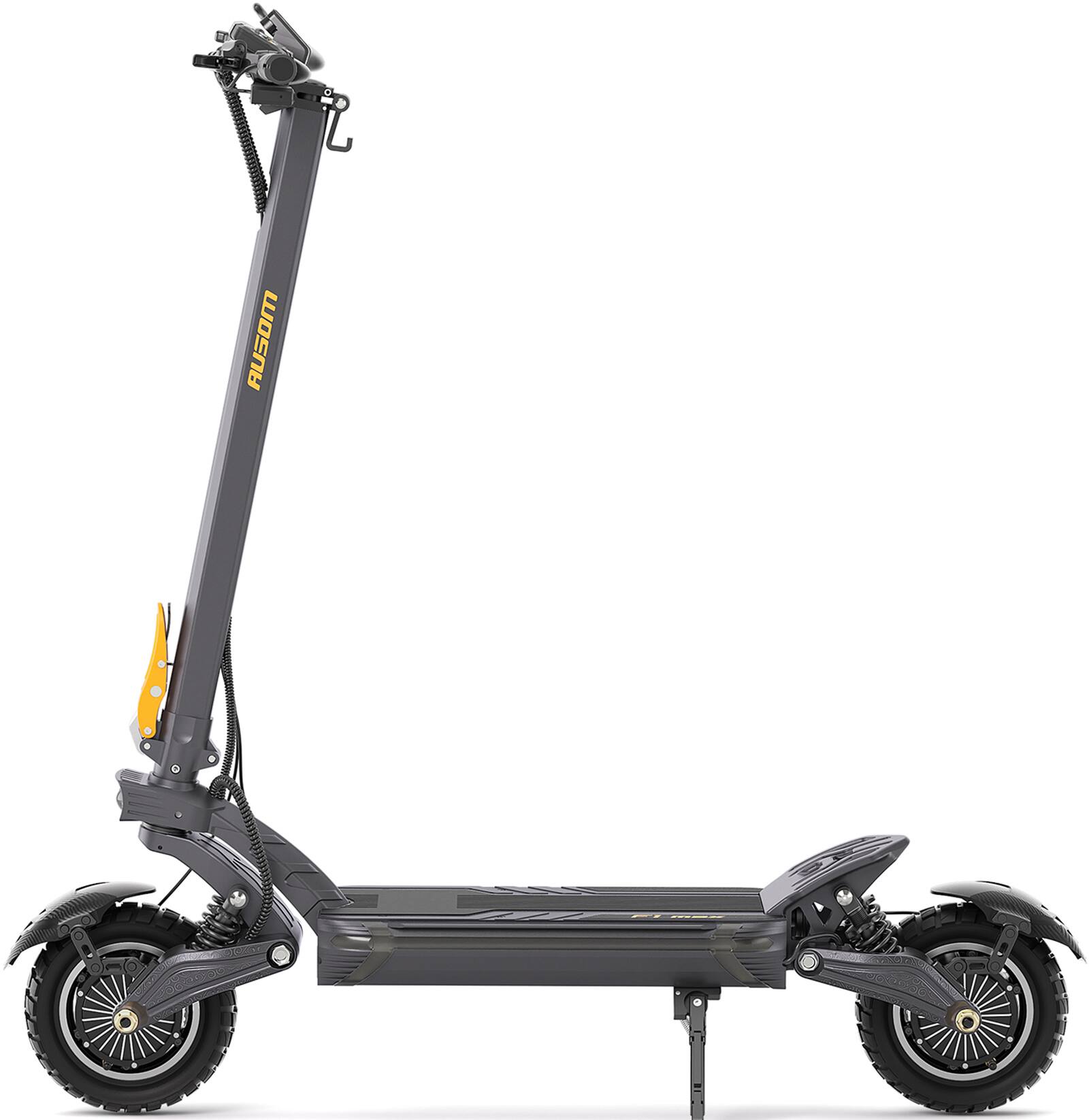 Front. Ausom - F1 Max Foldable Electric Scooter w/ 62 mi Max Operating Range & 45 mph Max Speed, Dual 1400W Motors, 330 lbs Max Load - Gray/Yellow.