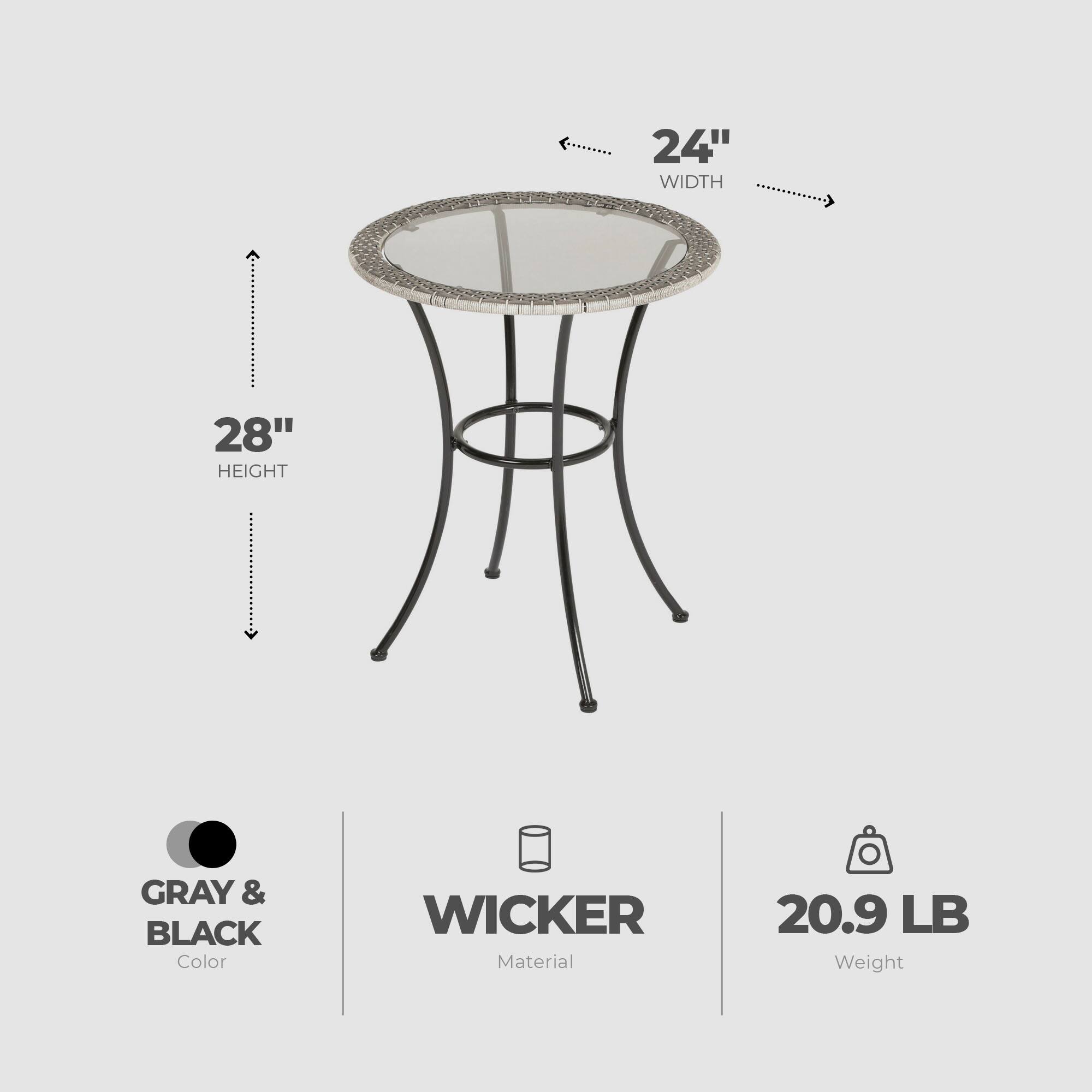 24" WIDTH  
28" HEIGHT  
GRAY & BLACK Color  
WICKER Material  
20.9 LB Weight