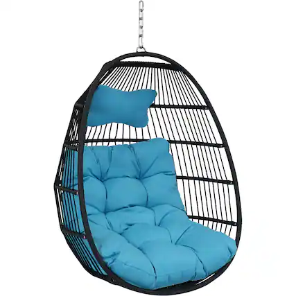 Front. Sunnydaze - Black Polyethylene Wicker Hanging Egg Chair with Cushions - Blue.