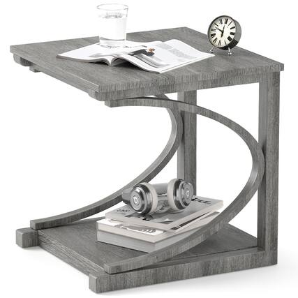 Front. Gymax - Gymax 24'' Side End Table w/ Storage Shelf & Rubber Wood Frame for Small Space - Grey.