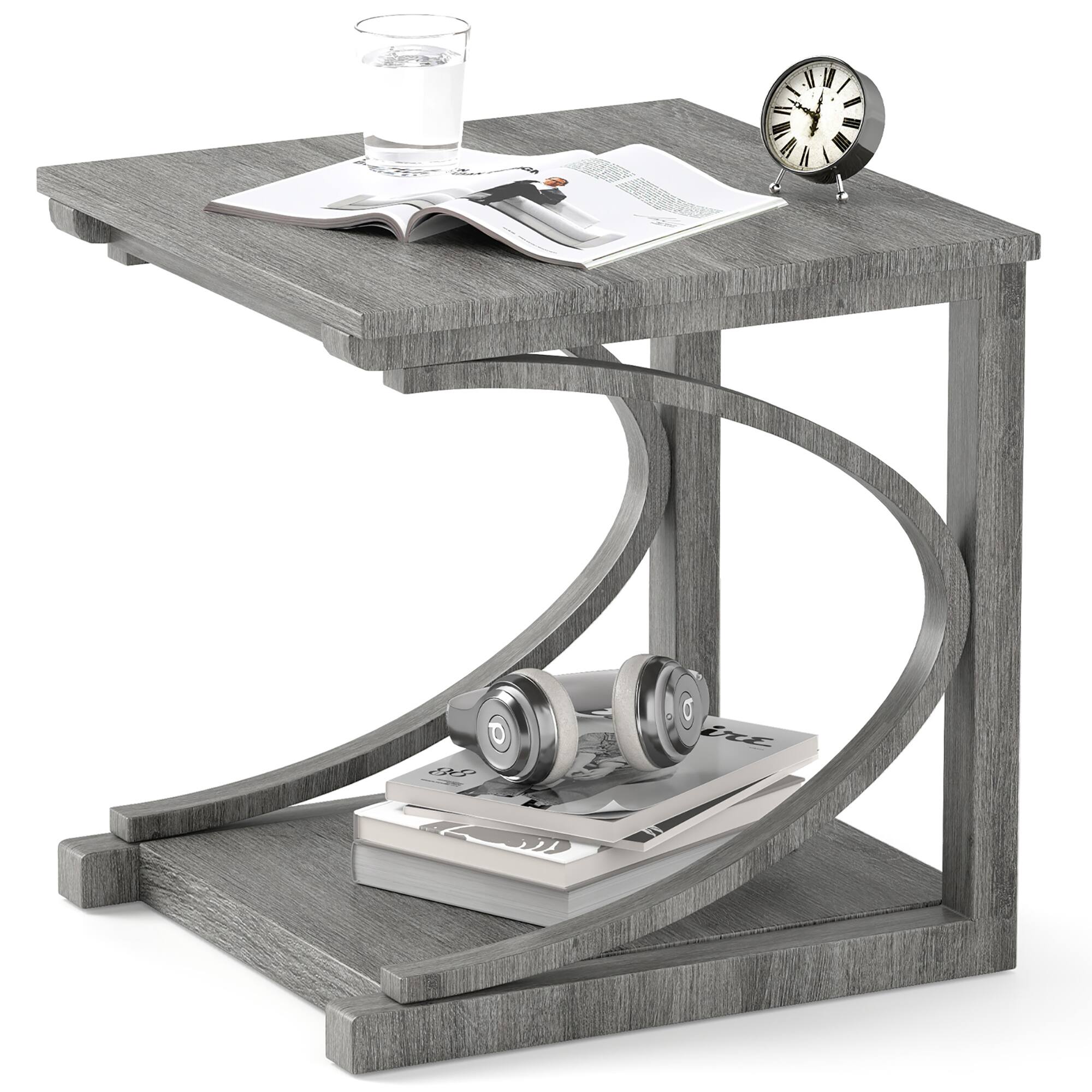 Front. Gymax - Gymax 24'' Side End Table w/ Storage Shelf & Rubber Wood Frame for Small Space - Grey.