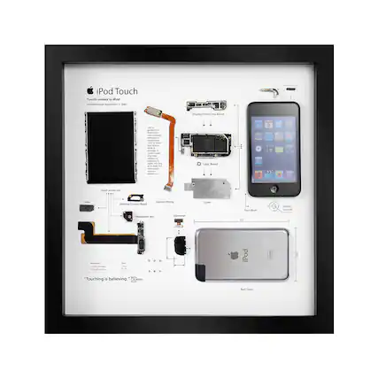 iPod Touch
Touch comes to iPod.
First Released September 5, 2007
The first iPod touch was introduced in 2007, featuring a 3.5-inch multi-touch display, Wi-Fi, Bluetooth, and a 20GB hard drive. It was later updated with a 30GB hard drive and a faster processor. The iPod touch was the first iPod to feature a multi-touch display.
Display Processing Board
Logic Board
Touch Screen LCD
Antenna Connect Board
Headphone Jack
Connect Wiring
Cover
Front Bezel
Sensor Touch Id
Back Cover
"Touching is believing."
Dimensions:
- Width: 4.5" (114 mm)
- Height: 2.4" (61 mm)
- Depth: 0.35" (9 mm)
Weight: 4.8 oz (136 g)
Power Button
iPod Touch
"Touching is believing."