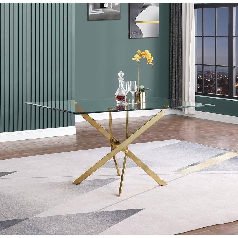Alt View 1. Best Quality Furniture - Rectangular Glass top dining table with gold chrome base - Clear Glass with gold chrome base.