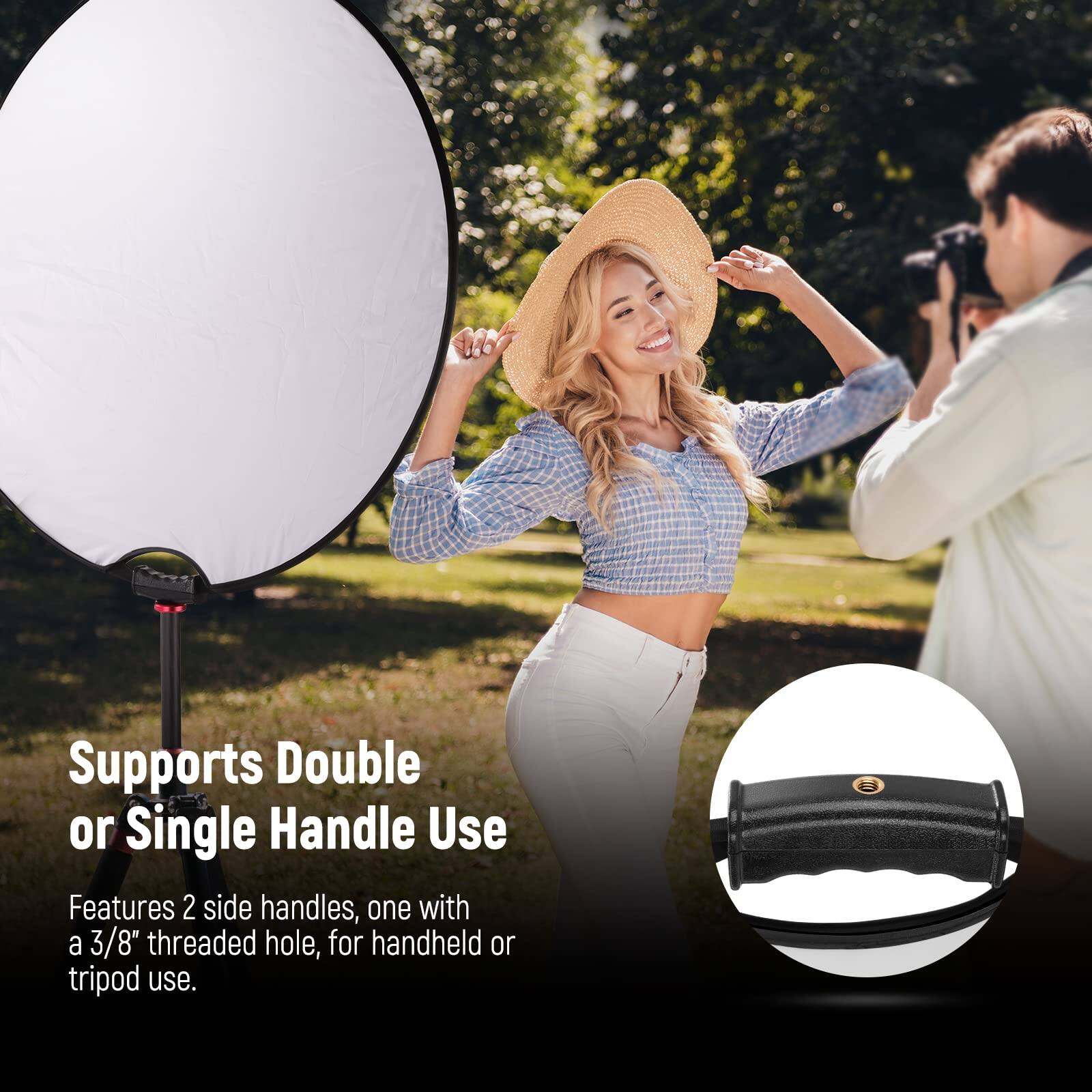 Supports Double or Single Handle Use  
Features 2 side handles, one with a 3/8" threaded hole, for handheld or tripod use.