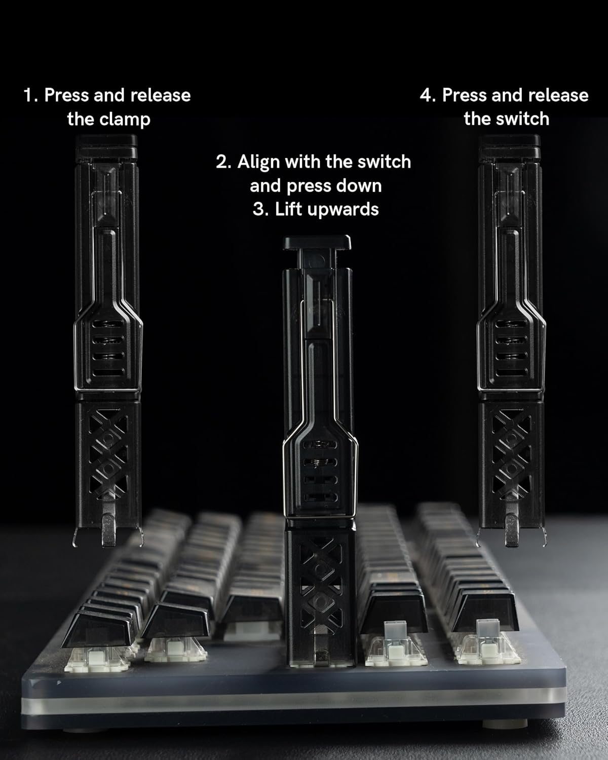 1. Press and release the clamp  
2. Align with the switch and press down  
3. Lift upwards  
4. Press and release the switch