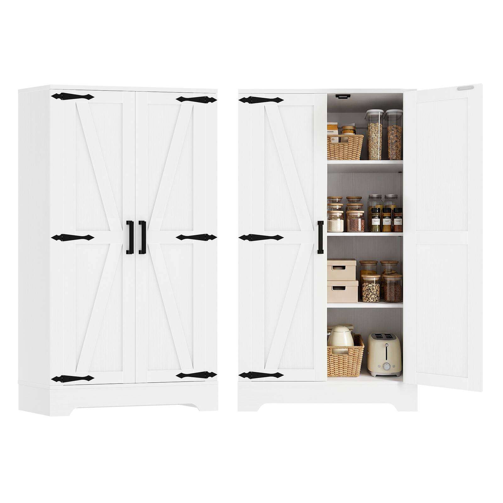 Angle. Aheaplus - 44" Wide Pantry Cabinet Set of 2, 43.4" Tall Farmhouse Storage Cabinet with Adjustable Shelves for Kitchen/Dining - White.