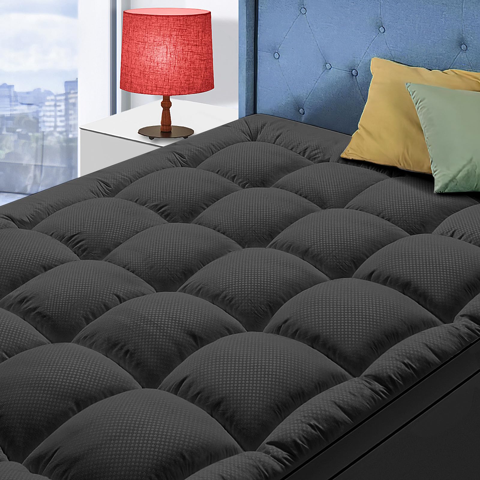 Front. Comfort Essence - King Size Mattress Topper For Extra Thick Pad Cover With 8- Deep Pocket Plush Pillow Top Overfilled Down - Black.